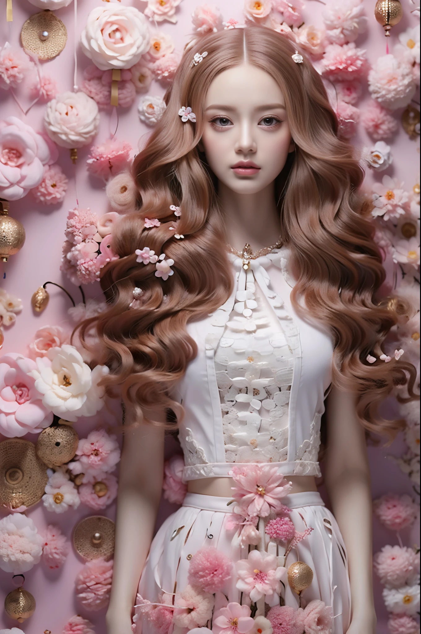 wavy hair wavy hair，（（（hair accessories））），necklace，Barbie wears sexy blue and gold lace halter top，The room is filled with Chinese New Year decorations（（（masterpiece）））， （（best quality））， （（intricate details））， （（Surrealism））（8k）