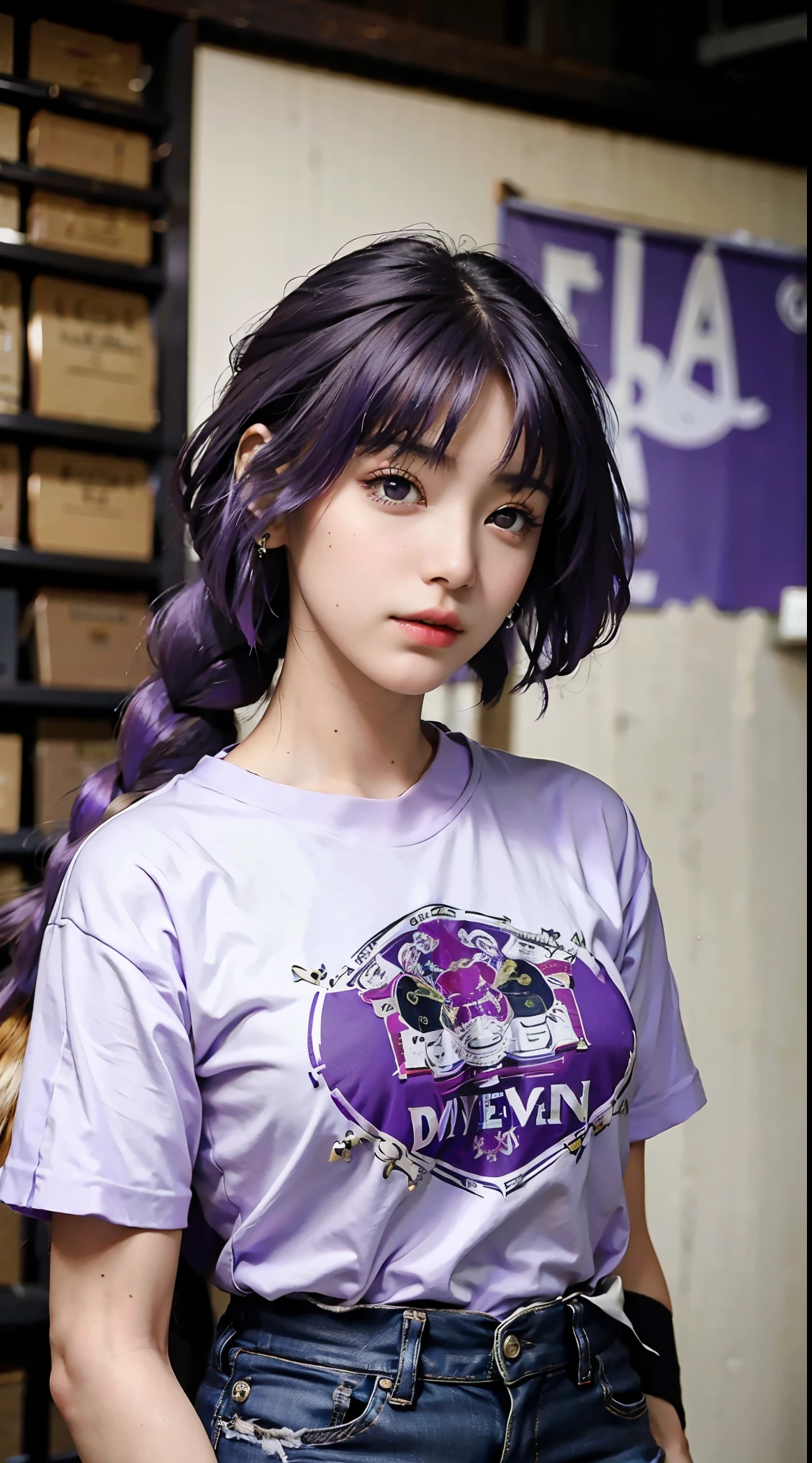 sumire kakei, single braid, purple hair, beautiful, beautiful woman, perfect body, perfect breasts, wearing oversized white t-shirt, short jeans, wearing handbag, watch, wearing earrings, convenient shop there, department store, tail horse, looking at viewer, slight smile, realism, masterpiece, textured leather, super detail, high detail, high quality, best quality, 1080p, 16k ,purple hair color
purple hair
detailed, purple hair polish. very detailed face, detailed eyes, detailed nose, detailed hair, detailed sweet thin lips ,cursing the RealMadrit football campion custom t-shirt