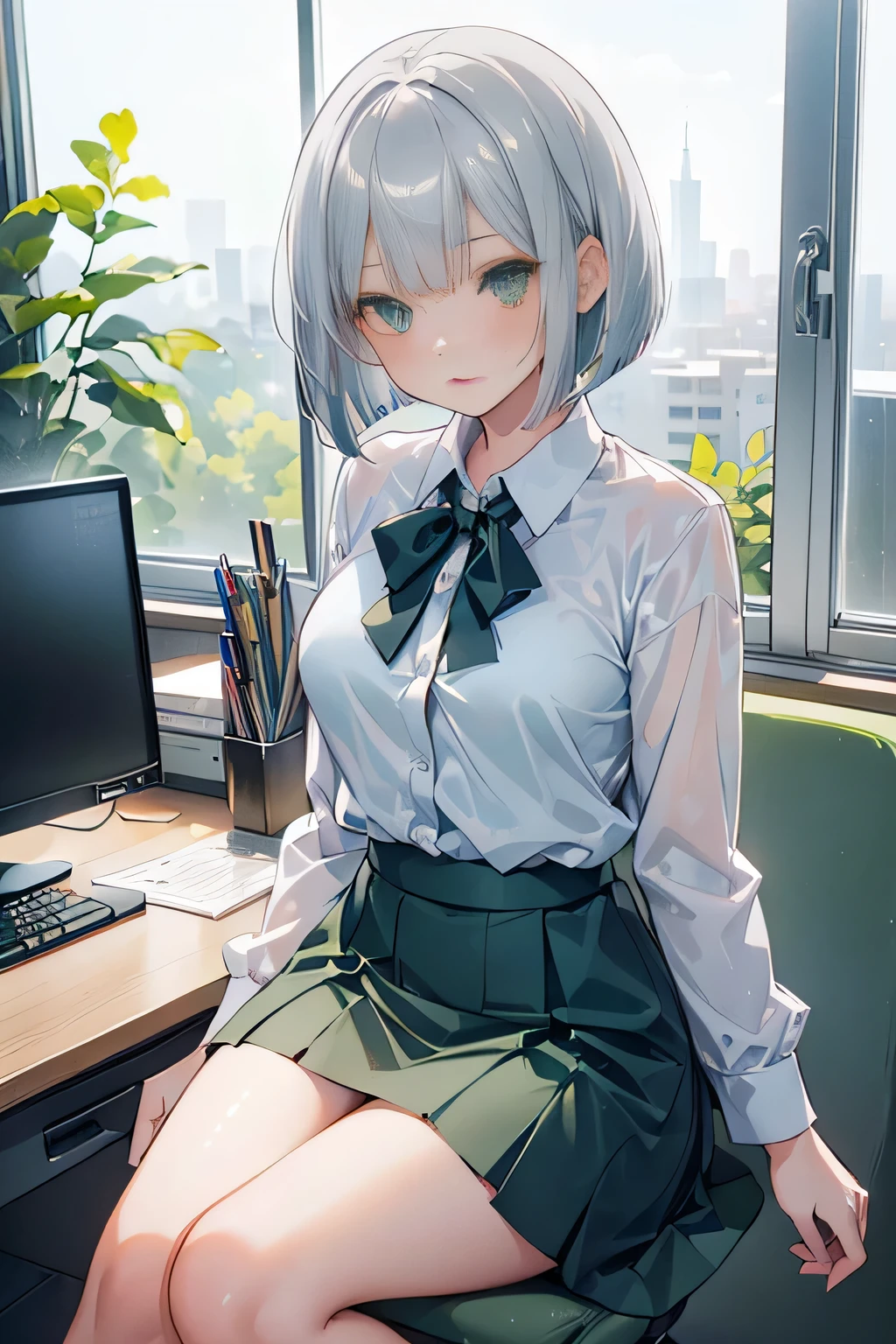 (1girl,cute,japanese,young),solo,((short beautiful silver blue hair,bob cut,beautiful green eyes)),(office suit,blouse,skirt,sitting in the office chair,desk,pc,window),low angle,from below,((masterpiece, highest resolution,best quality)), (beautiful illustration), (looking at the viewer), 