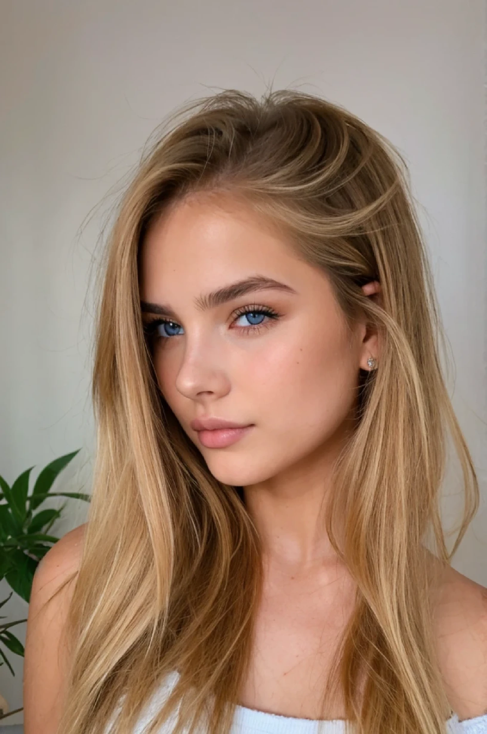 modelo bastante rubia, 18, pecho 95D, Cabello rubio largo y ondulado, ojos azules, cejas oscuras, ella se toma una foto frente a su espejo