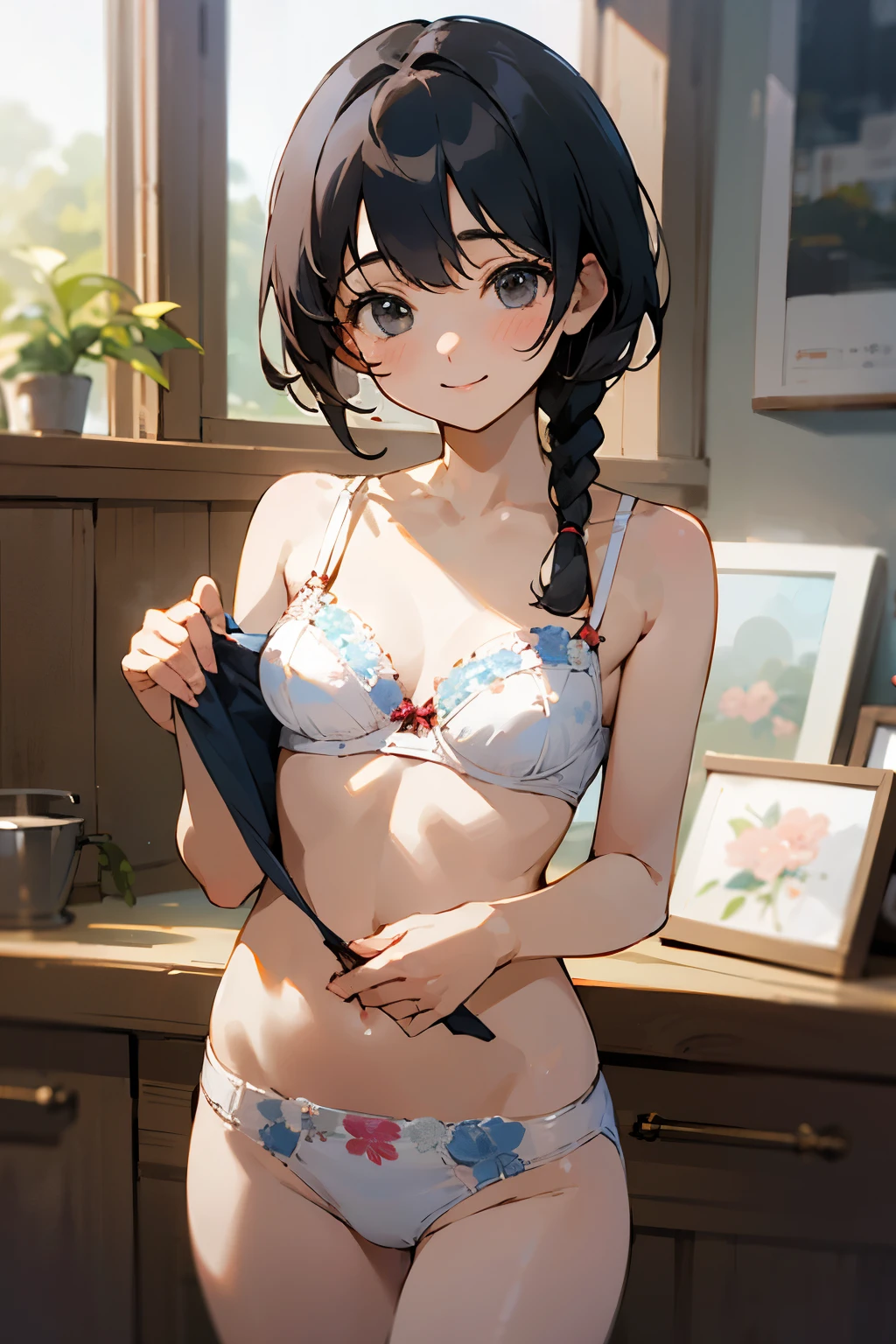 NSFW、with the best image quality、teenage girl standing in the room。in high resolution、beautiful details、quiet atmosphere。black hair two braids、cute smile.。Cute floral white bra、Wearing white panties with a cute floral pattern。