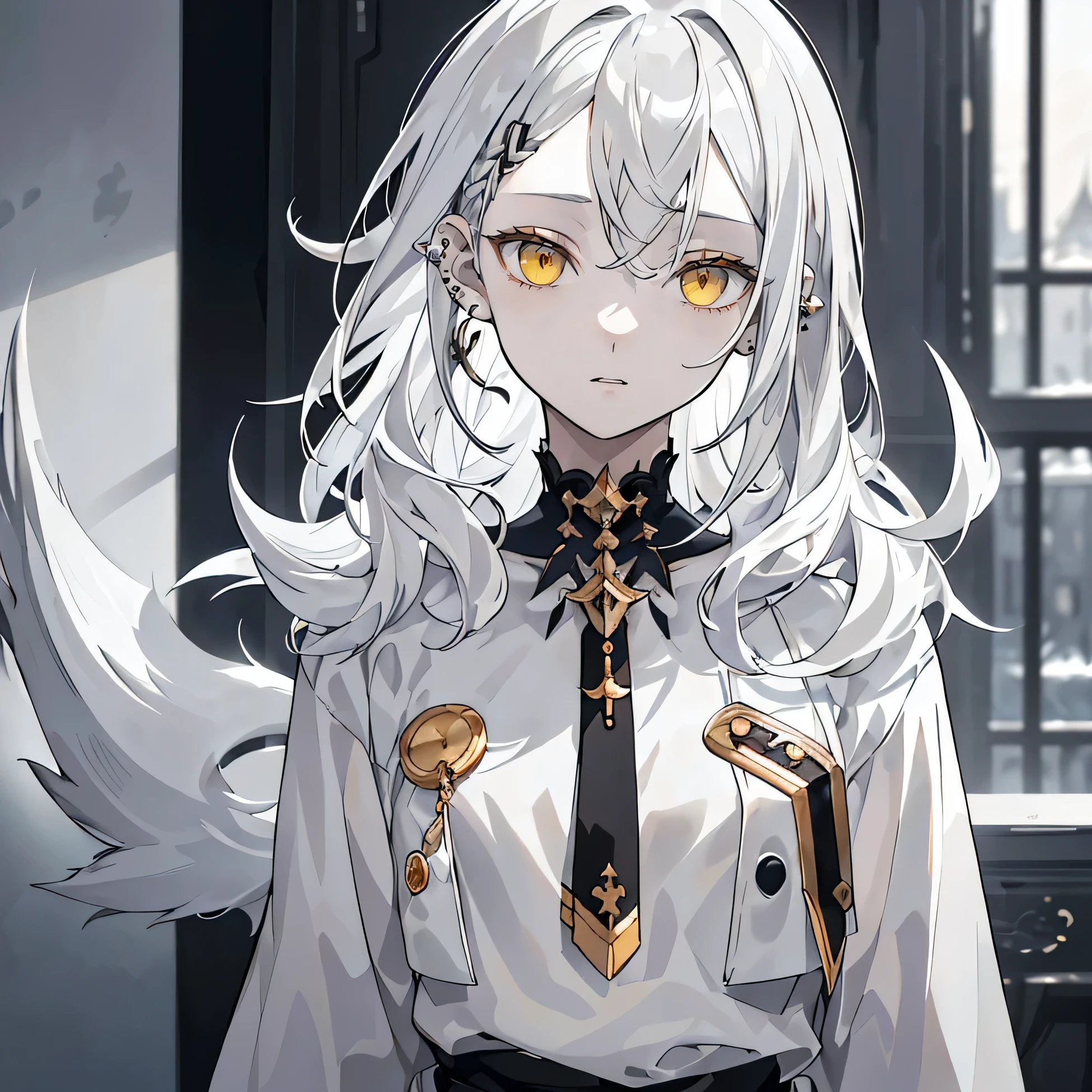 masterpiece, best quality, silver hair, yellow eyes, parted bangs, ((teen 24 yo)), 1girl, small breasts, half-body, medium_messy_wolfcut_hair, wavy_bangs, pierced ears, plain light clothes, half_body_potrait, solo, 1_girl, alone, half body, cold eyes