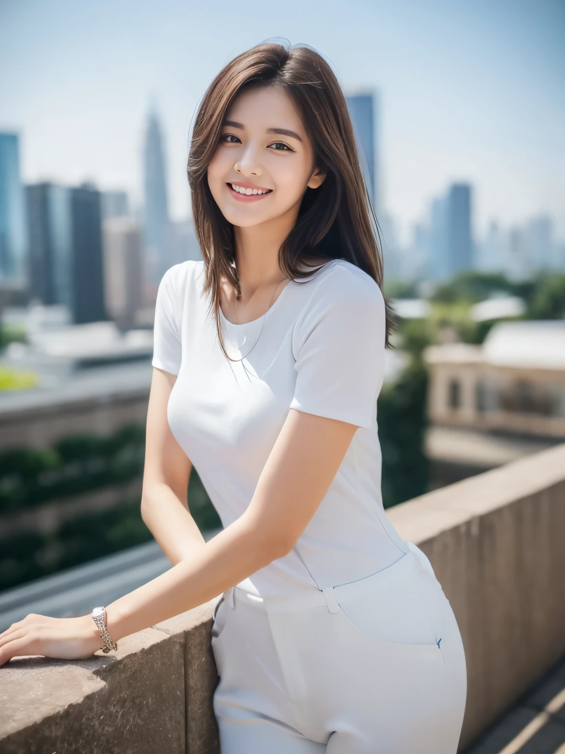 ((Best quality, 8k, Masterpiece: 1.3)), 1 girl, smiling, full body, slim face, pretty woman, Medium dark brown hair, white crisp shirt on the upper body, black straight suit pants on the upper body, High heels, super detailed face, detailed eyes, double eyelids, blurred background, slim face, skyscrapers, waist shot,