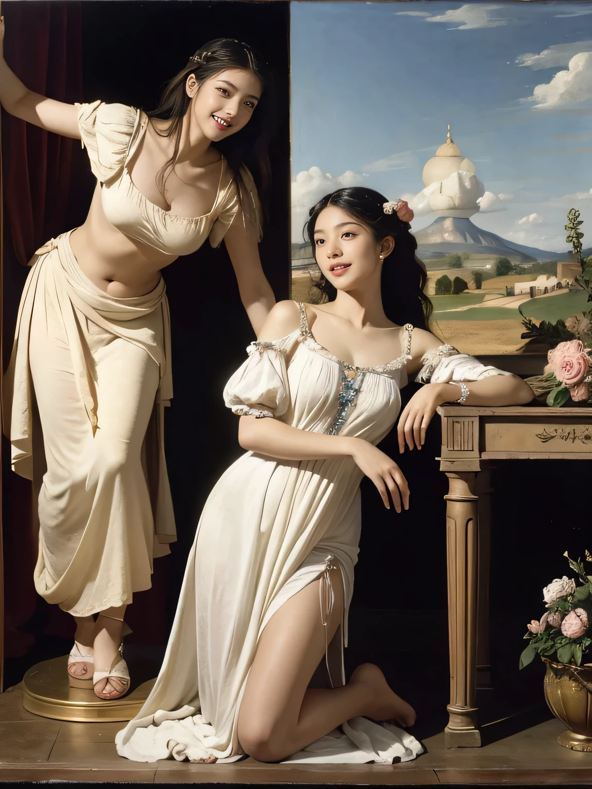 full body portrait or statue、Giorgione painting style,Arguments of two female Philosophe,math、astronomical machine、astronaut、roses in vase、fruits、Cute trinkets、smile、ancient greek costume、Ancient Roman landscape in the style of Nicolas Poussin,laughter,,Sweet and seductive appearance.、Caravaggio's paintings、Chiaroscuro of Caravaggio、hair tousled by the wind,Two women frolicking,cute smile, expression of ecstasy,Sexy,erotic