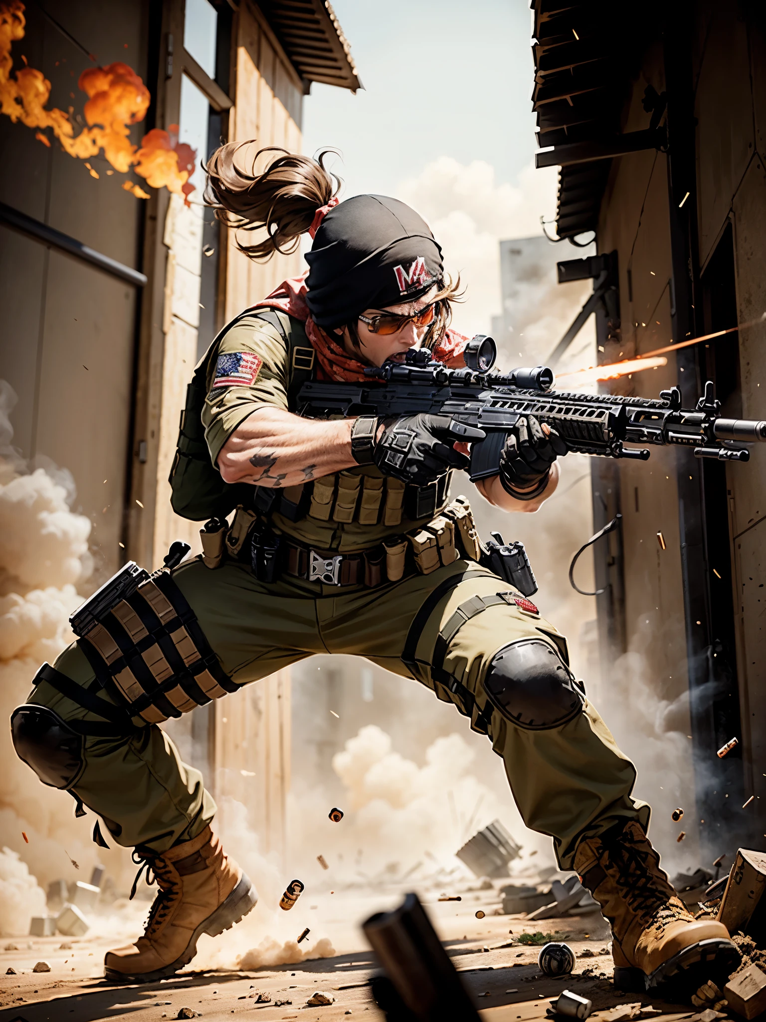male focus, mercenary, bullet belt, combat boots, brown hair, red bandana, (aiming and firing an m4 carbine), angry, screaming, rifle shell casings, war zone, muzzle flash