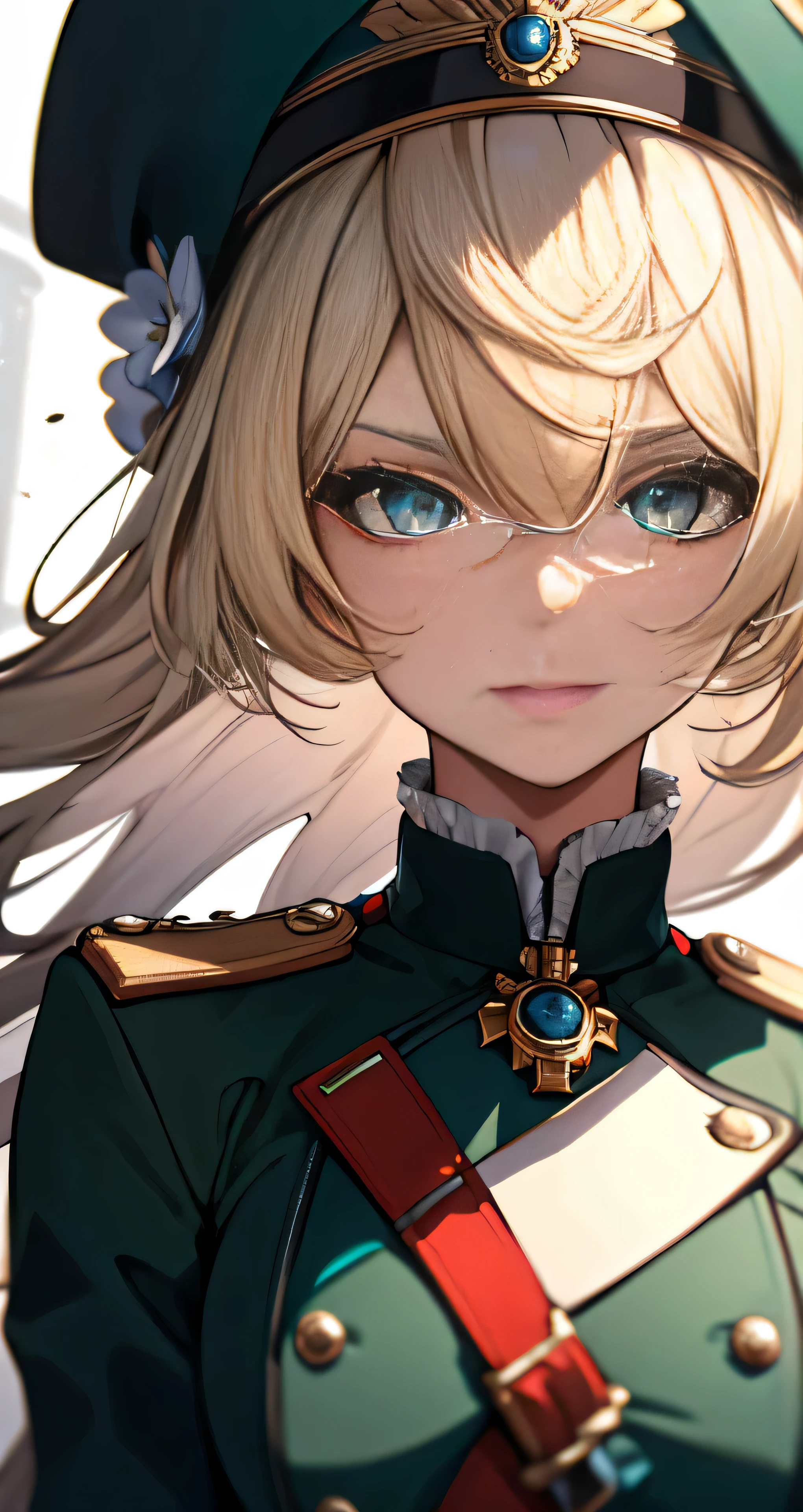 Marie, with her flowing blonde hair and mesmerizing green eyes, is depicted in a high-resolution image that showcases her upper body. She is wearing a military uniform from the BC era, complete with a stylish hat that adds an air of authority to her presence. The artwork is truly a masterpiece, capturing every intricate detail of Marie's appearance, from the strands of her hair to the vibrant hues of her eyes. The image is so lifelike that it almost feels as if Marie could step out of the frame at any moment. Despite the lack of a background, the thinness of the lines and the precision of the artist's strokes create a sense of depth and realism. Marie's captivating smile and confident pose seem to signal her readiness for any