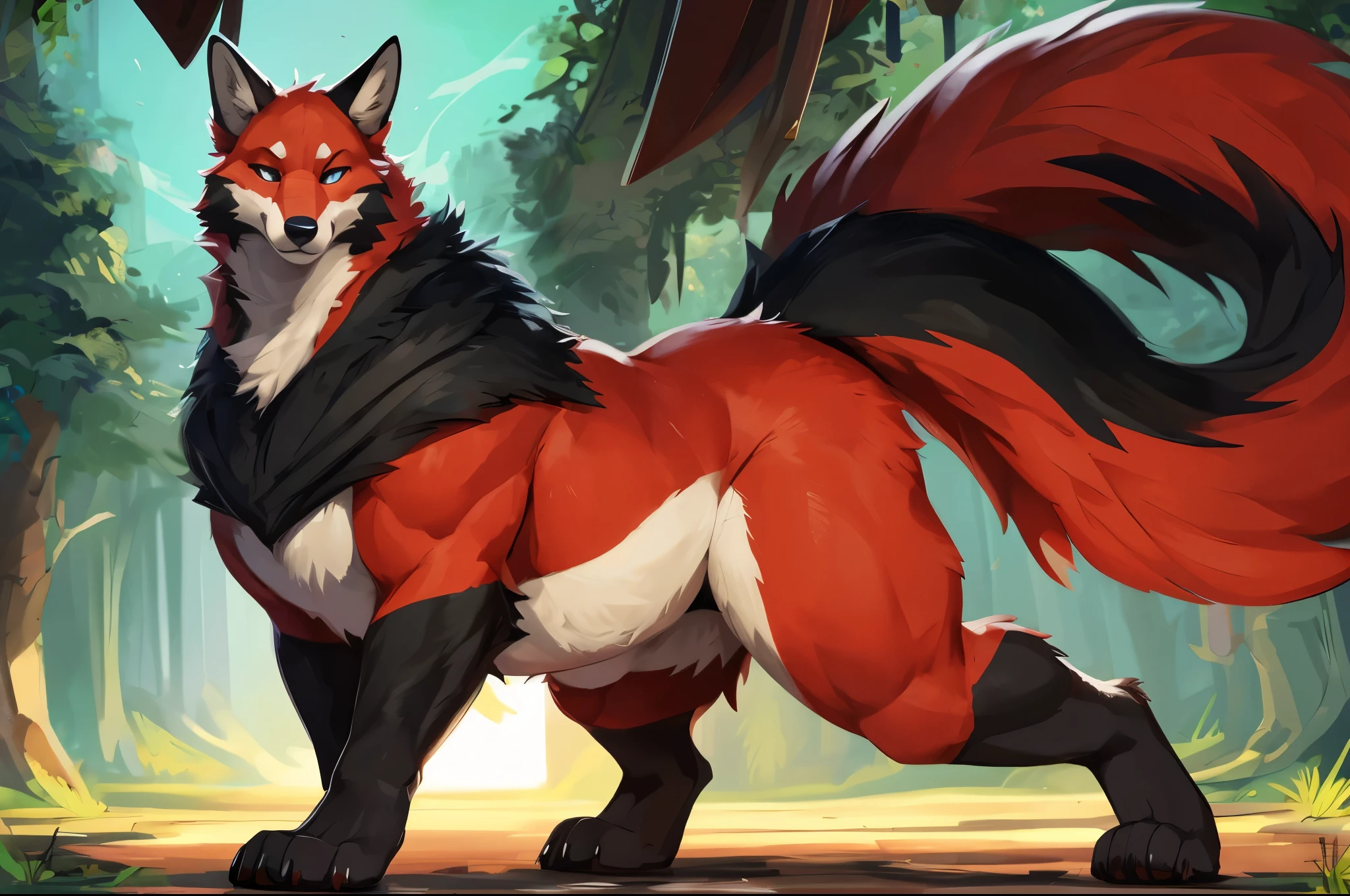 4k ultra quality, 4k full body view,(ultra high detailed body), fox,dire fox, detailed body,by mystikfox61, by glitter trap boy,feral paws, by bebebebebe,by morethreedee, by seibear,(thick thigh),(chubby thigh),thicc thigh,thick legs,chubby legs,thicc legs,massive butt,enomorous thigh,massive thigh,massive legs,thick lower legs,wide legs,(detailed thigh),(wide thigh),fluffy belly,hyper belly,sharp nails,((sfw)),(ultra detailed face),detailed eyes,big tail,fluffy tail,(detailed tail),enomorous tail,bigger tail,huge tail,volumetric light,muscle legs,big paws,(thick paws),fluffy paws,furry paws,enomorous paws,(animal focus), beast,standing,(bigger lower body),strong lower body,(long legs),front view,master works, super fine, 4k resolution, high quality,high picture detail,dark fantasy,illusory engine, Masterpiece,feral body,muscular feral,faint lighting,macro,giga,hyper belly