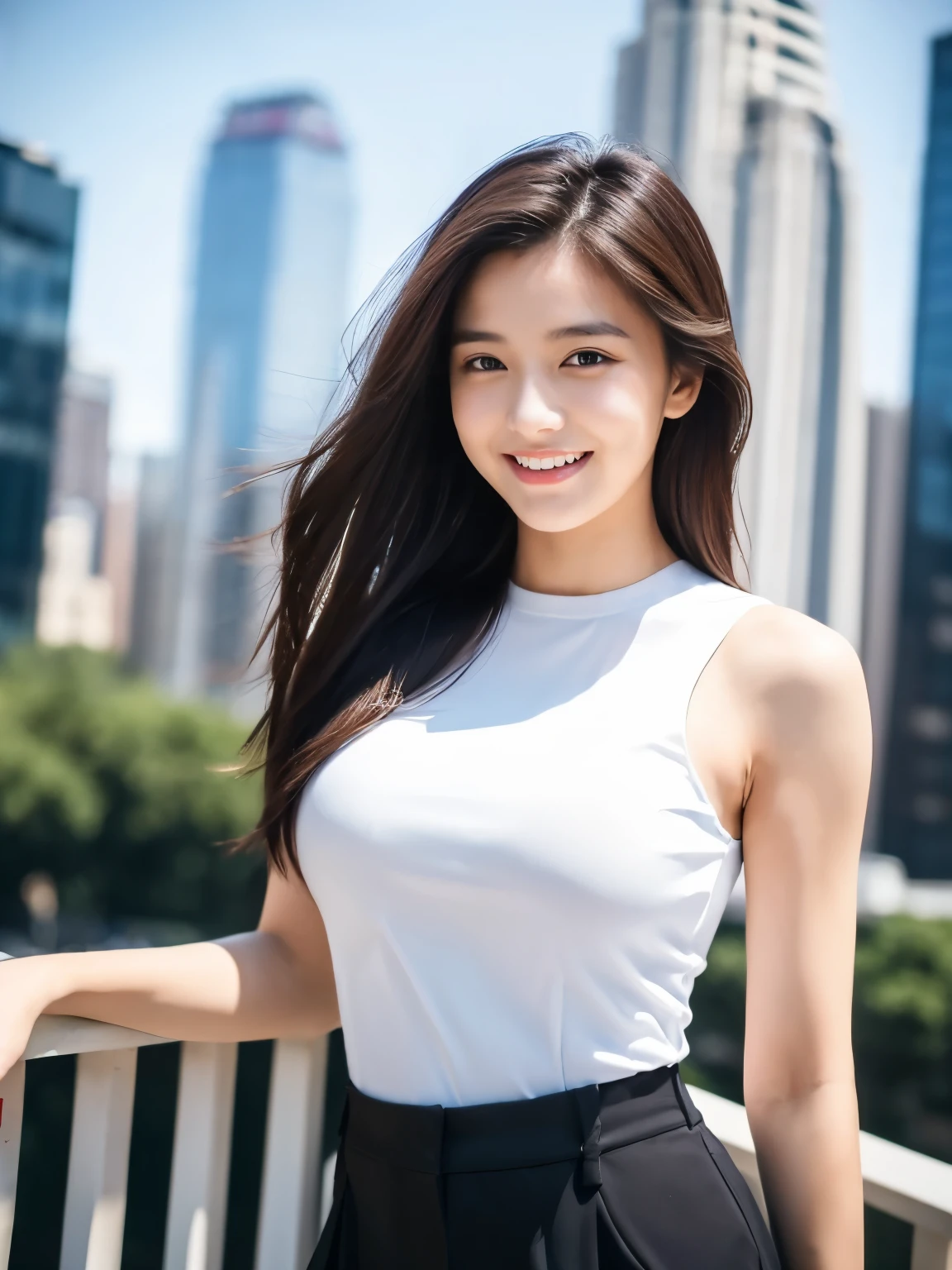 ((Best quality, 8k, Masterpiece: 1.3)), 1 girl, smiling, full body, slim face, pretty woman, Medium dark brown hair, white crisp shirt on the upper body, black straight suit pants on the upper body, High heels, super detailed face, detailed eyes, double eyelids, blurred background, slim face, skyscrapers, waist shot,