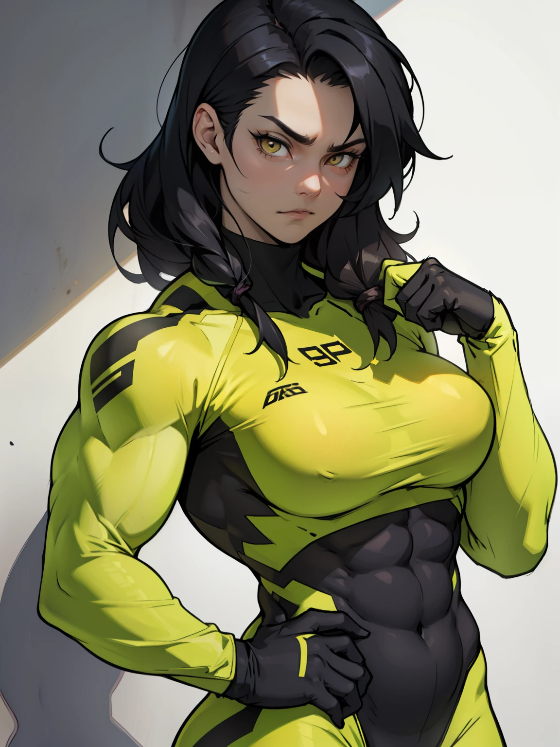girl muscles large breasts pale skin black hair yellow eyes skintight sad