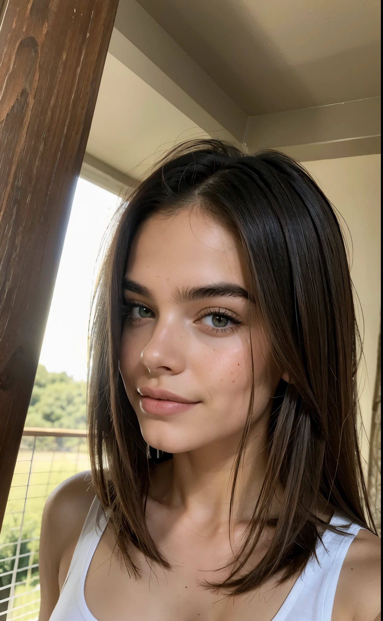 alta calidad,autofoto de instagram, parte superior del cuerpo, A beautiful 18 year old woman., con tapa, tetona, leve sonrisa, cara y ojos detallados, natural lighting, En casa, Pelo largo y rubio, Bajo contraste, rostro natural, pecas, By the chestnut, ojos verdes, retrato: 1.1, 8K,4k