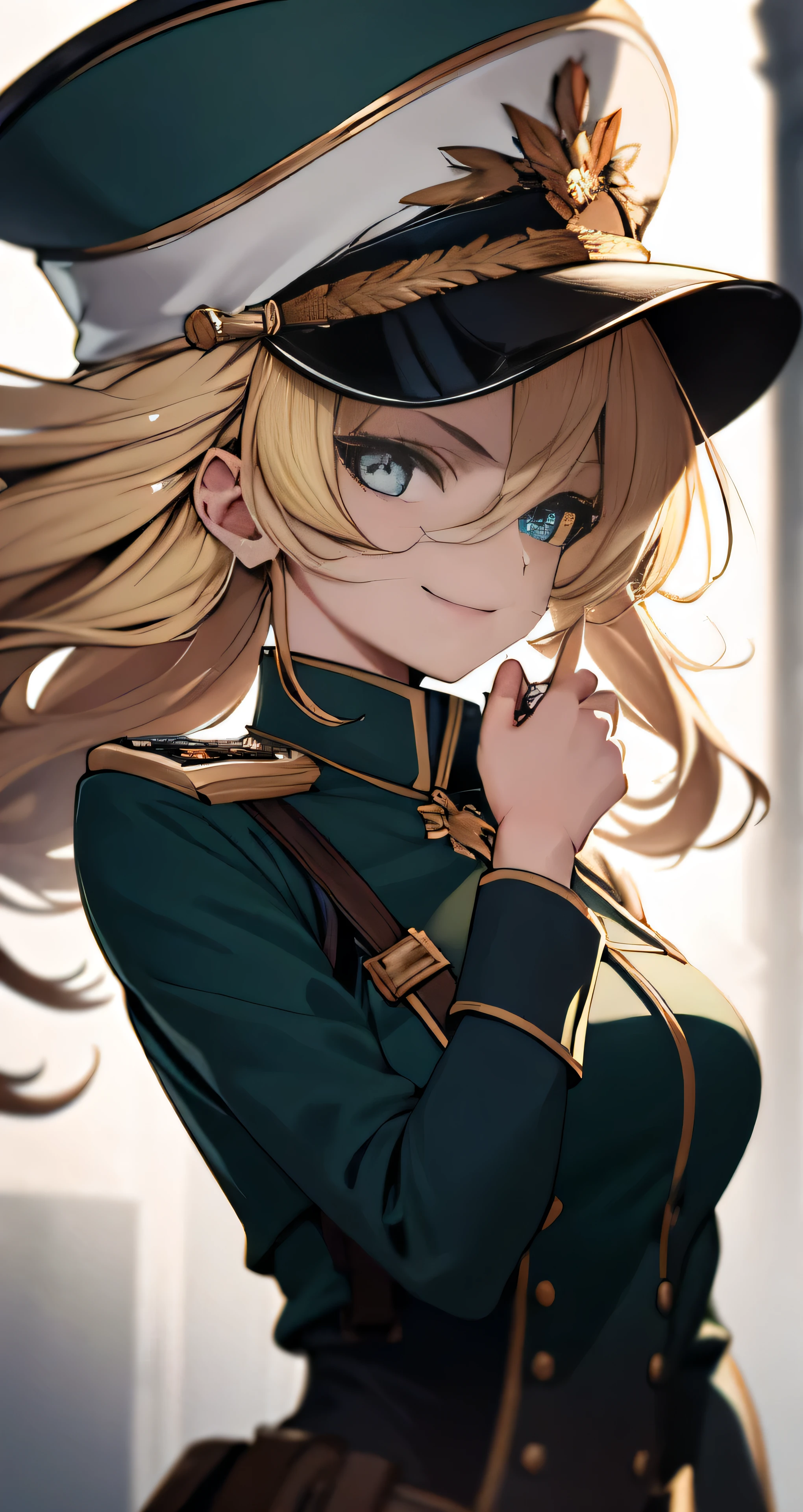 Marie, with her flowing blonde hair and mesmerizing green eyes, is depicted in a high-resolution image that showcases her upper body. She is wearing a military uniform from the BC era, complete with a stylish hat that adds an air of authority to her presence. The artwork is truly a masterpiece, capturing every intricate detail of Marie's appearance, from the strands of her hair to the vibrant hues of her eyes. The image is so lifelike that it almost feels as if Marie could step out of the frame at any moment. Despite the lack of a background, the thinness of the lines and the precision of the artist's strokes create a sense of depth and realism. Marie's captivating smile and confident pose seem to signal her readiness for any