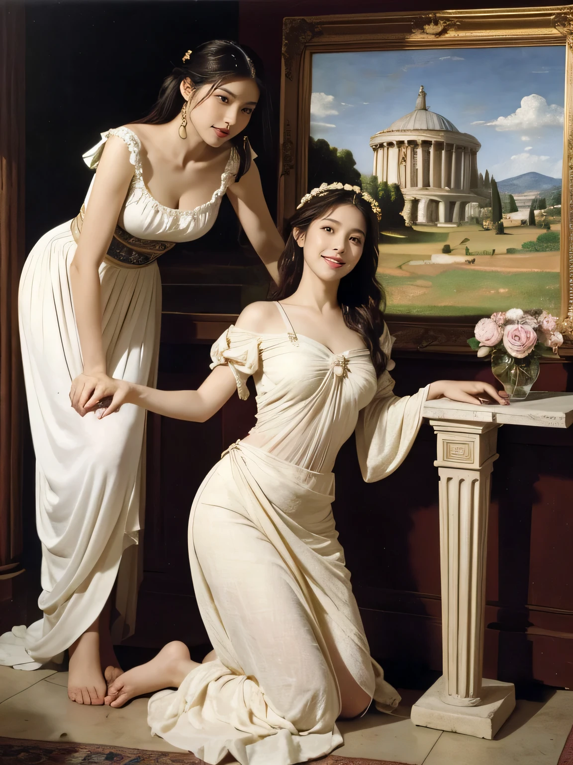 full body portrait or statue、Giorgione painting style,Arguments of two female Philosophe,math、astronomical machine、astronaut、roses in vase、fruits、Cute trinkets、smile、ancient greek costume、Ancient Roman landscape in the style of Nicolas Poussin,laughter,,Sweet and seductive appearance.、Caravaggio's paintings、Chiaroscuro of Caravaggio、hair tousled by the wind,Two women frolicking,cute smile, expression of ecstasy,Sexy,erotic
