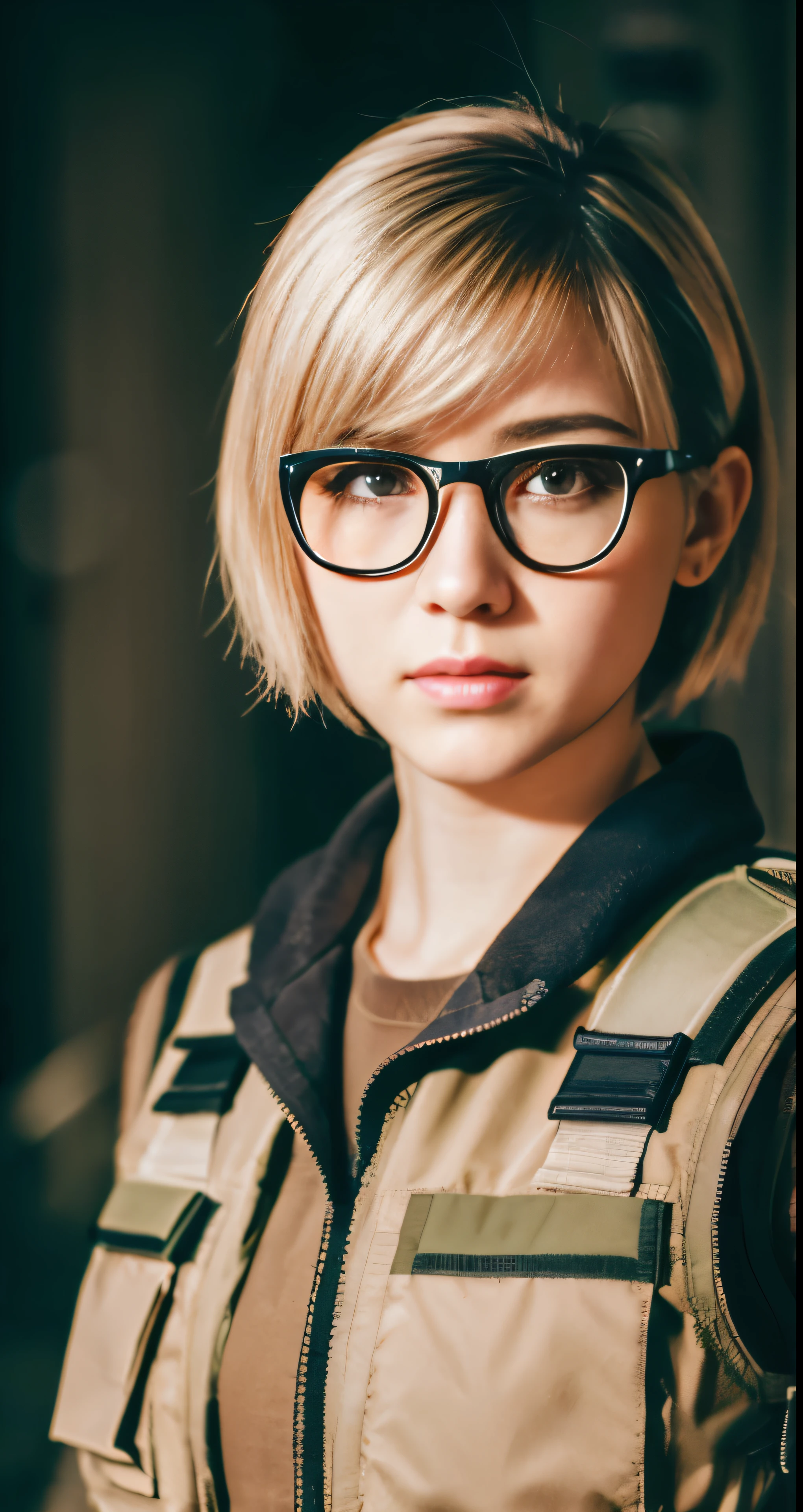 masterpiece , a girl, in battlefield, ( lite white short hair:1.2), (red eyes:1.2), (Russian Millitary Uniform:1.2), (looks at the viewer:1.2) , (8k, best quality 1.2), ultra-detailed, 8k uhd, soft lighting, high quality, film grain, beautiful lighting, cinematic ,perfect body , best illumination, best shadow, sharpness, contrast, red glasses, messy hair, tactical vest, gloves, headset, absurdres high detailed face