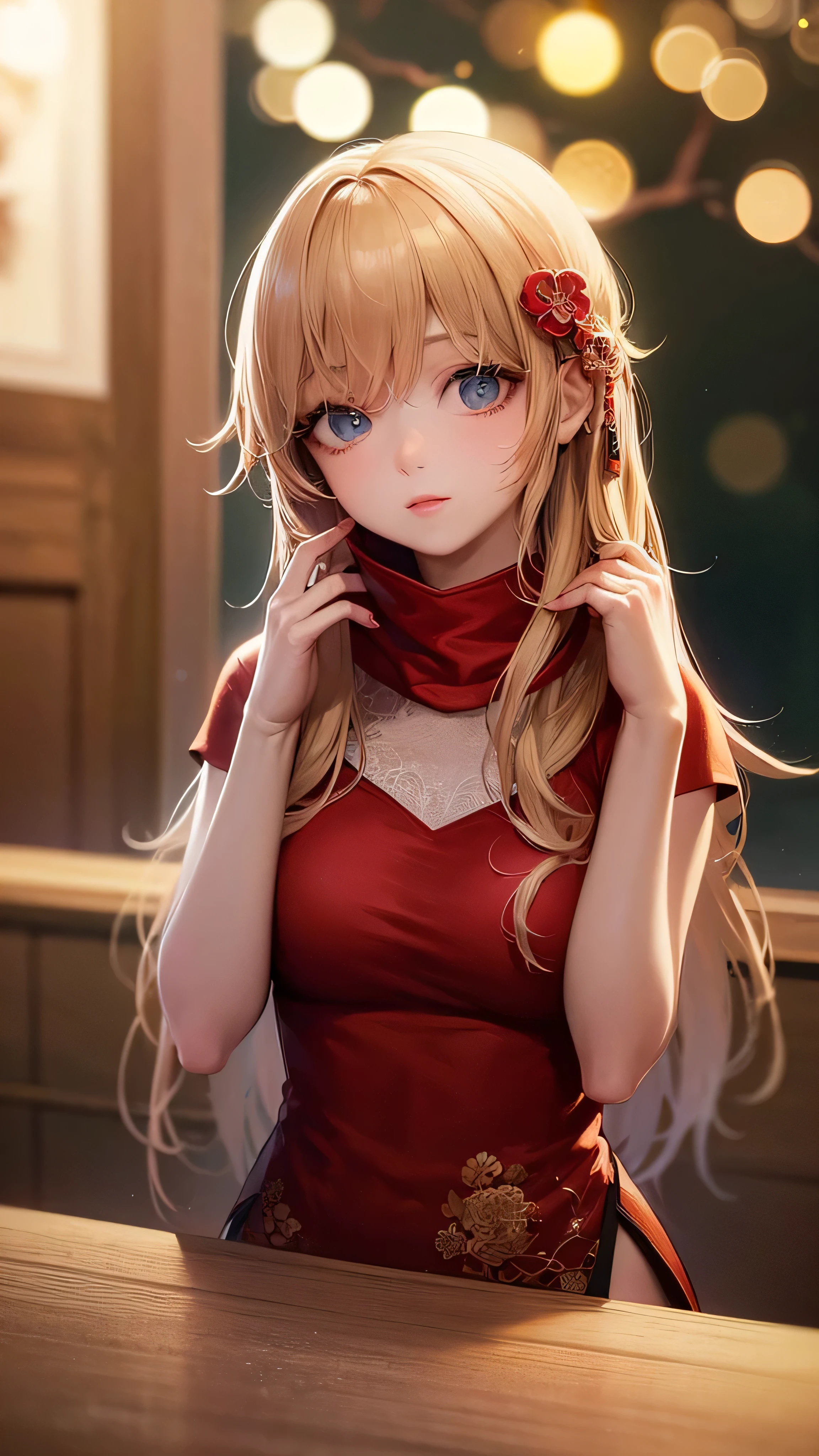 最high quality, masterpiece, High resolution, 1 girl, Chinese Hanfu,Chinese architect background, red scarf, hair ornaments,necklace, jewelry,beautiful face,On top of that_body, Tyndall effect,realistic, Dark studio, rim lighting, two-tone lighting,(high definition skin:1.2), 8K uhd, Digital single-lens reflex camera, soft lighting, high quality, volume lighting, Frank, photograph, High resolution, 4k, 8K, Bokeh,Girl in a red dress