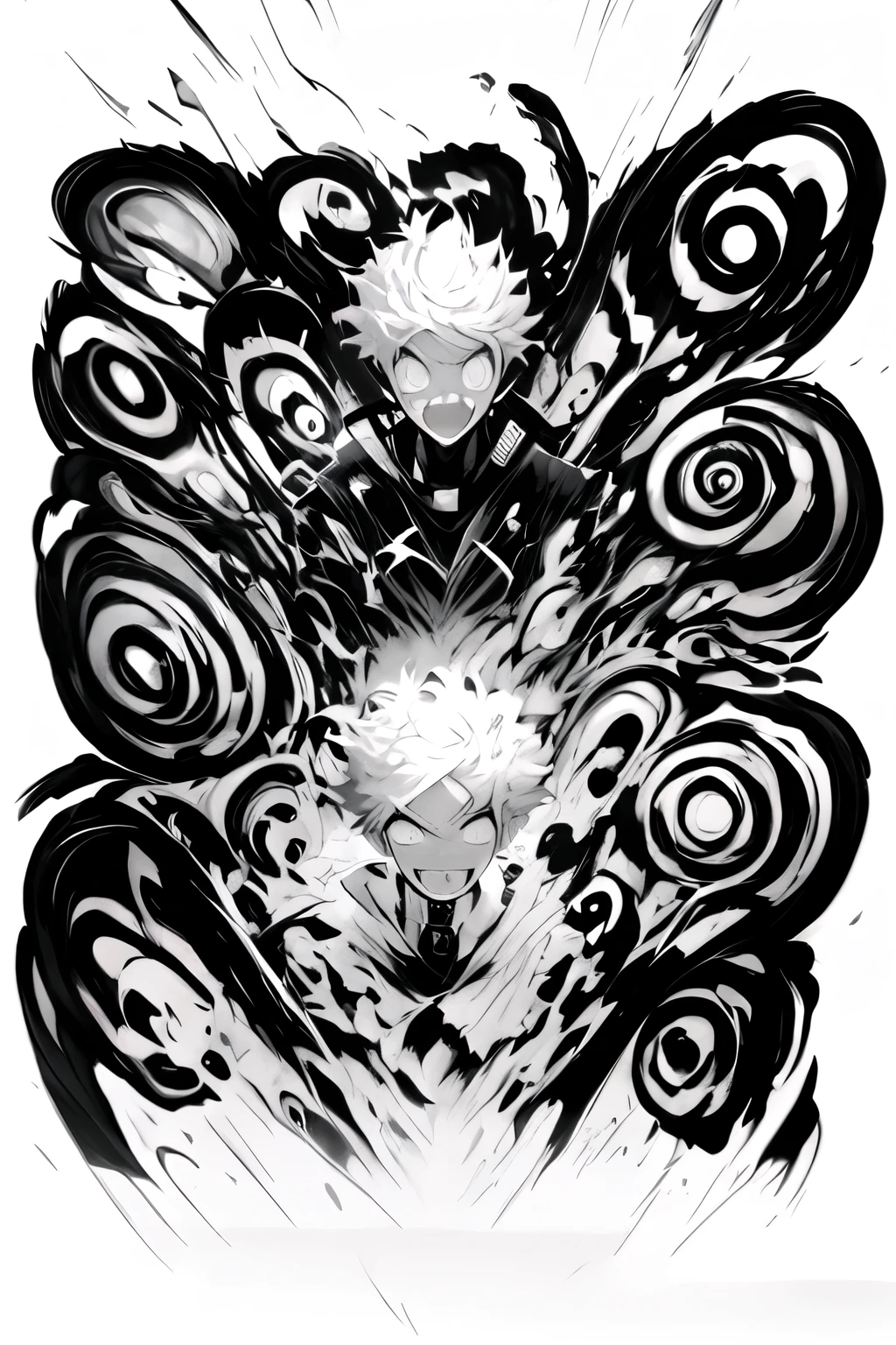 digital art from danganronpa, !!full body portrait!!, killua zoldyck portrait, killua zoldyck, black and white manga style, inspired by Itō Ogura Yonesuke, detailed fanart, monochrome artwork!!, official art, standing in a maelstrom