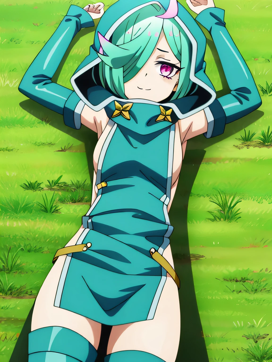 high quality, nemo anemo, short hair, green hair, (pink eyes:1.3), (hair over one eye:1.5), aqua hair, ahoge, thighhighs, detached sleeves, hood, eyes, sideboob, sideless outfit, closed mouth, solo, spread arms, arms up, smile, lying, on back, on grass, expressionless, looking at viewer, solo, in the center, (cowboy shot: 1.3), high quality,