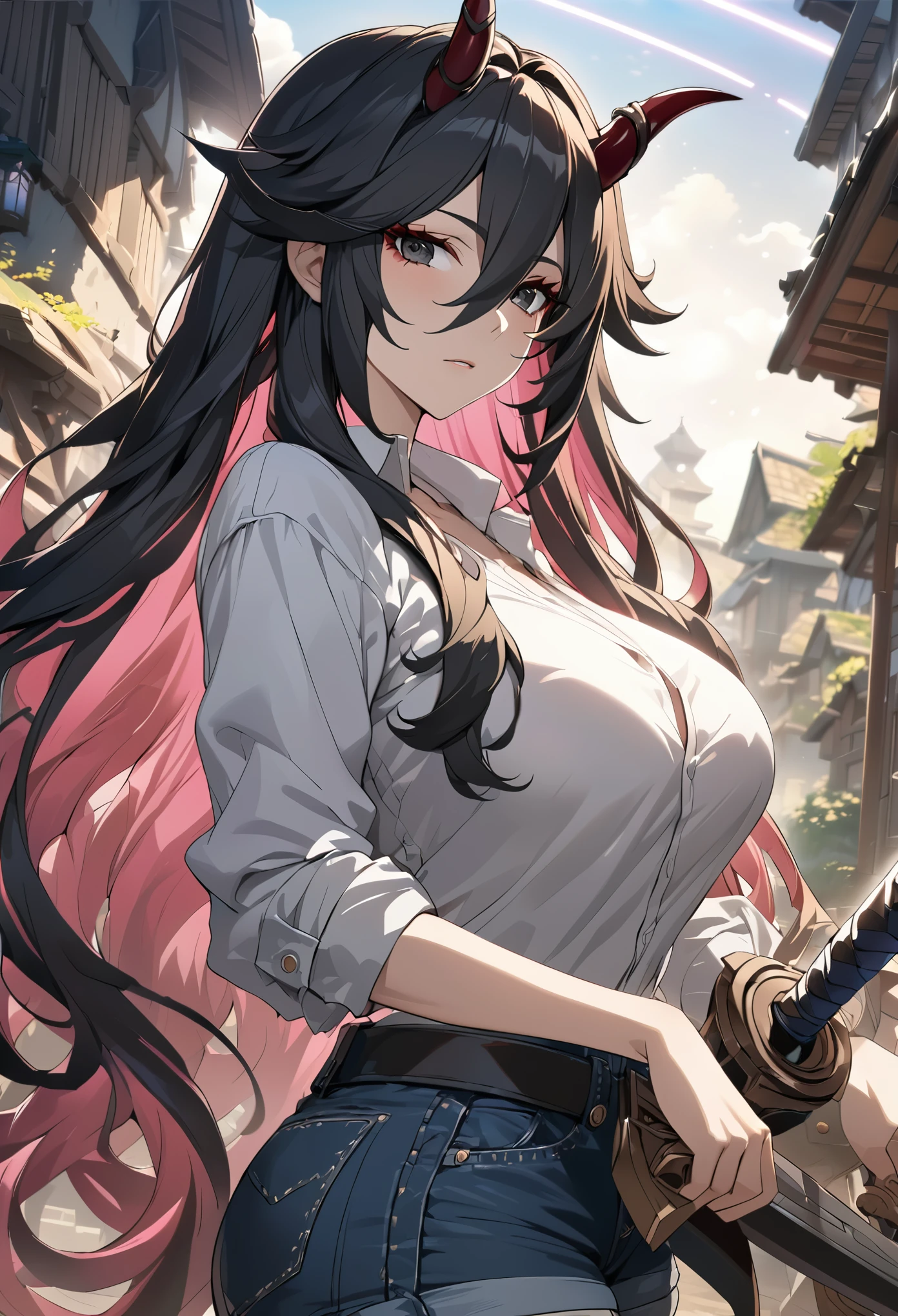 ((solo)), (woman), black eyes, black hair, very long hair, wavy hair, messy hair, cherry pink colored inner hair, (sculpted body), big breasts, thick thights, (mature body), red and black detailed horns, demon horns, a close up of a person with a great sword in a village, detailed key anime art, honkai star trail character, casimir art, masamune shiro, masamune, beautiful woman in demon slayer art, genshin, heise jinyao, shadowverse style, (no logos), white shirt, jacket, jeans shorts, eye reflection, depth of field, cinematic lighting, ray tracing, depth of field, cinematic lighting, ray tracing, UHD, high details, best quality, highres, high quality, award winning, super detail, masterpiece, 8k, UHD, high details, best quality, highres, high quality, award winning, super detail, masterpiece, 8k