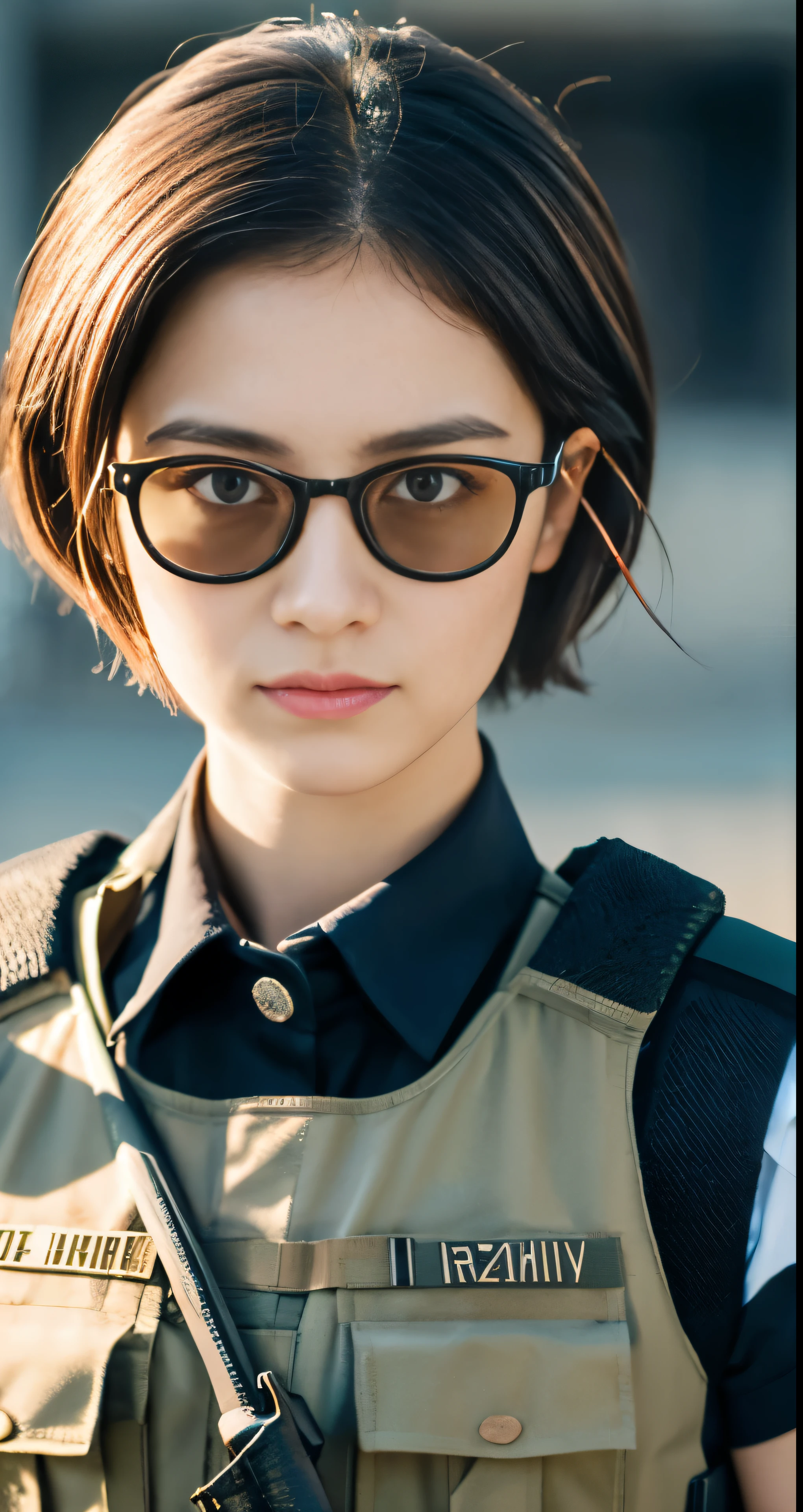 masterpiece , a girl, in battlefield, ( lite white short hair:1.2), (red eyes:1.2), (Russian Millitary Uniform:1.2), (looks at the viewer:1.2) , (8k, best quality 1.2), ultra-detailed, 8k uhd, soft lighting, high quality, film grain, beautiful lighting, cinematic ,perfect body , best illumination, best shadow, sharpness, contrast, red glasses, messy hair, tactical vest, gloves, headset, absurdres high detailed face