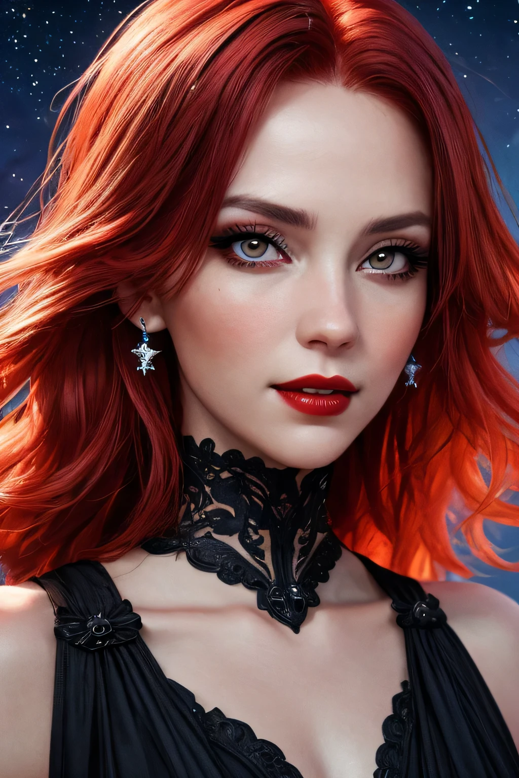 portrait shot, ((vivid red hair)), mature woman, 30 years old, diamond face, medium breast, moonlight, red starry sky background, depth of field, magic, big red lips, ((dark black eyes)) (Detailed beautiful eyes) red long and full dress, covered chest, mystical atmosphere, ominous shadows, Intense blue aura, Intense red aura (best quality:1.2), absurdres, intricate details, (highly detailed skin:1.2), smile expression, posing, taut and well defined body, attractive. Highly realistic, pale skin, beautiful, hyperrealism, skin very elaborated, direct gaze AB JLEE3, Complex facial details for all characters, Expressive eyes and nose and mouth, unzoom, author：Jim Lee Right Section Centered, Key, Visual, Complex, Highly Detailed, Breathtaking, Precise Line Art, Vibrant Panorama Film
