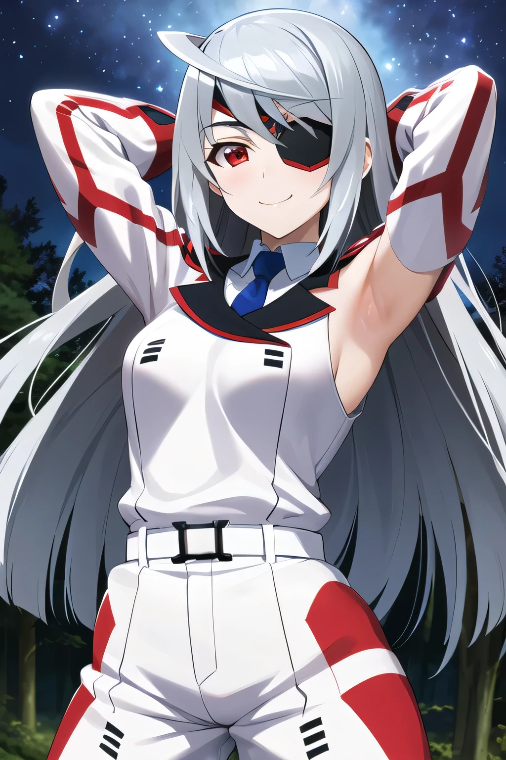 masterpiece, best quality, highres, aalaura, long hair, eyepatch, , necktie, collared shirt, white jacket, belt, white pants, closed mouth, solo, upper body, night sky, forest, arms behind head, contrapposto, spread armpits, smile, high quality,