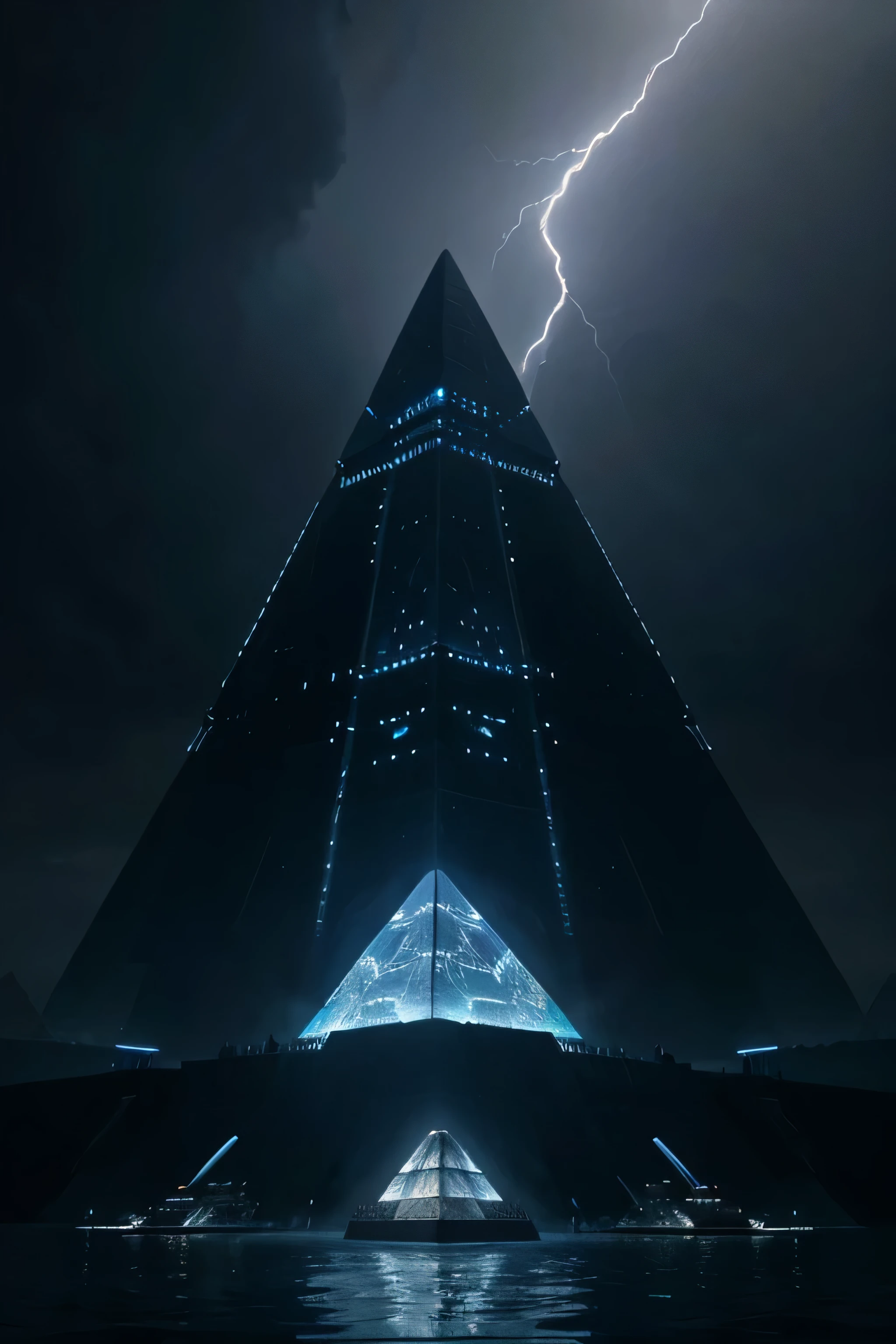 alien structure in the shape of a pyramid, ultra-detailed technological complex, metal structure with complex and ultra-detailed mechanical parts, blue LED lights, alien pyramid coming out of the water in an immense lake, stormy sky with lightning and rays, cinematographic image, science fiction, ray tracing, reflections, masterpiece, highest quality, 8k