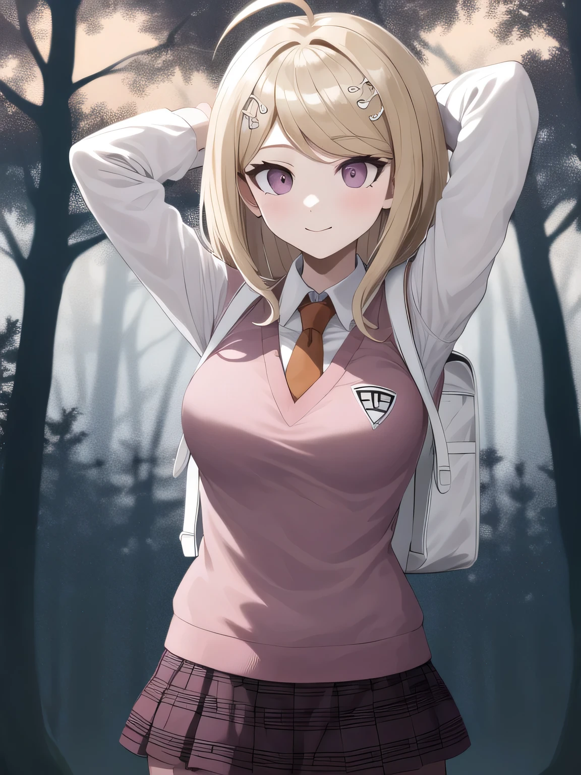 masterpiece, best quality, highres, aakaede, long hair, ahoge, hair ornament, breasts, , necktie, pink vest, sweater vest, collared shirt, long sleeves, backpack, pleated skirt, purple skirt, print skirt, pantyhose, closed mouth, solo, upper body, night sky, forest, arms behind head, contrapposto, spread armpits, smile, high quality, in the center, high quality,