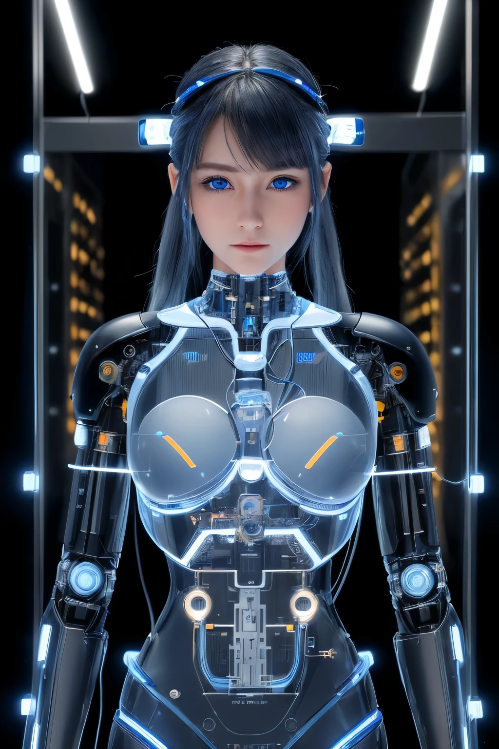 (highest quality, High resolution, masterpiece:1.2), Super detailed, realistic:1.37, (perfect anatomy),1 girl,cowboy shot,full body portrait,, (A cute and perfect Japanese cyborg:0.6), 20-year-old, (blue led eyes:1.2),  detailed facial features, complicated hair, (transparent glass body:1.33,) (Electronic components inside the body can be clearly seen:1.4) ,,detailed connection lines,  futuristic hair ornament,(Wires and cables connected to the body:1.3),  cybernetics, cyber punk,  intricate decorative details, The background is the interior of a robotic operating room..,