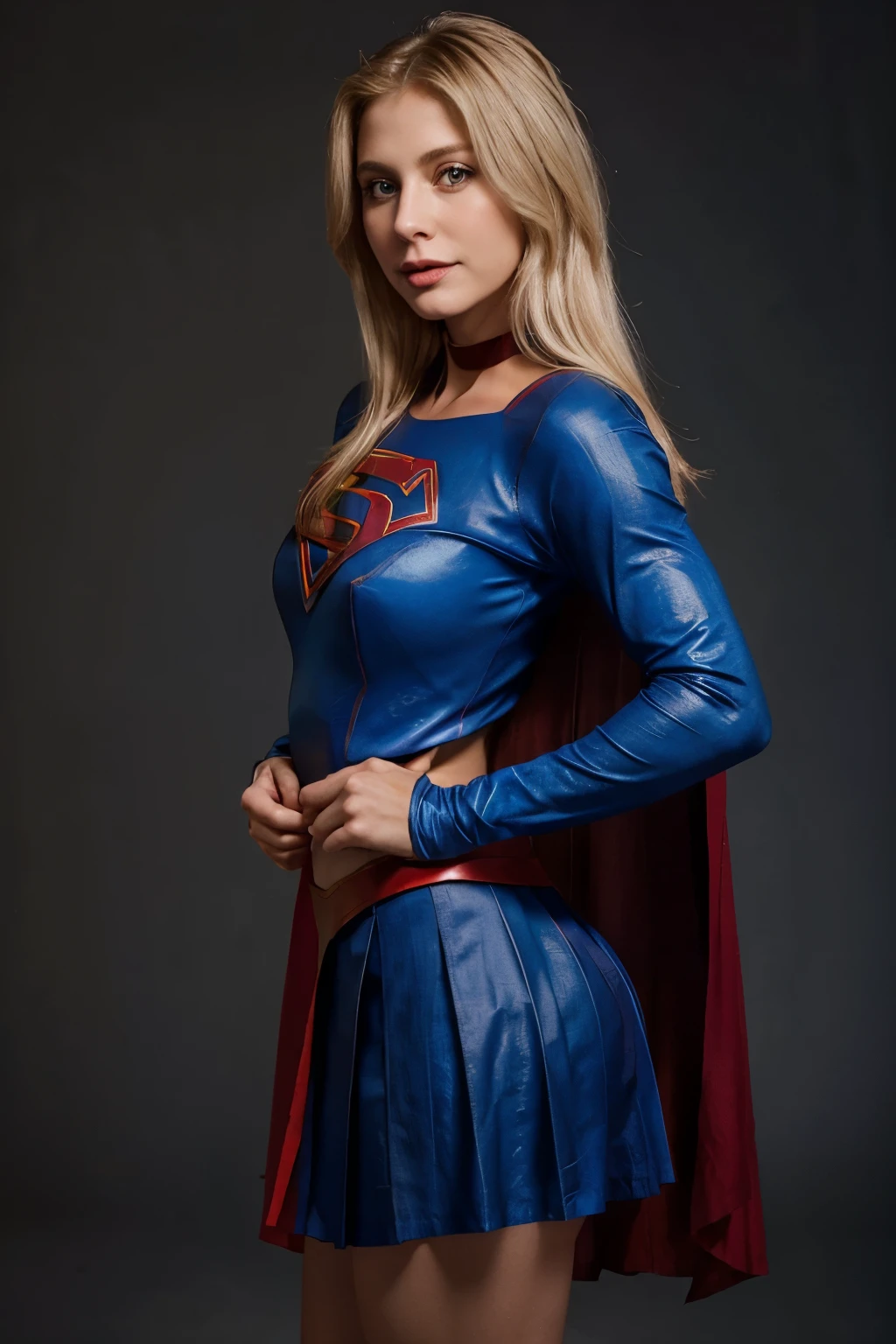 Photo of beautiful gorgeous flawless Helen Slater as Supergirl, simple basic blue Supergirl costume with short pleated red skirt cape, thick full pouty lips, very long platinum blonde hair, 