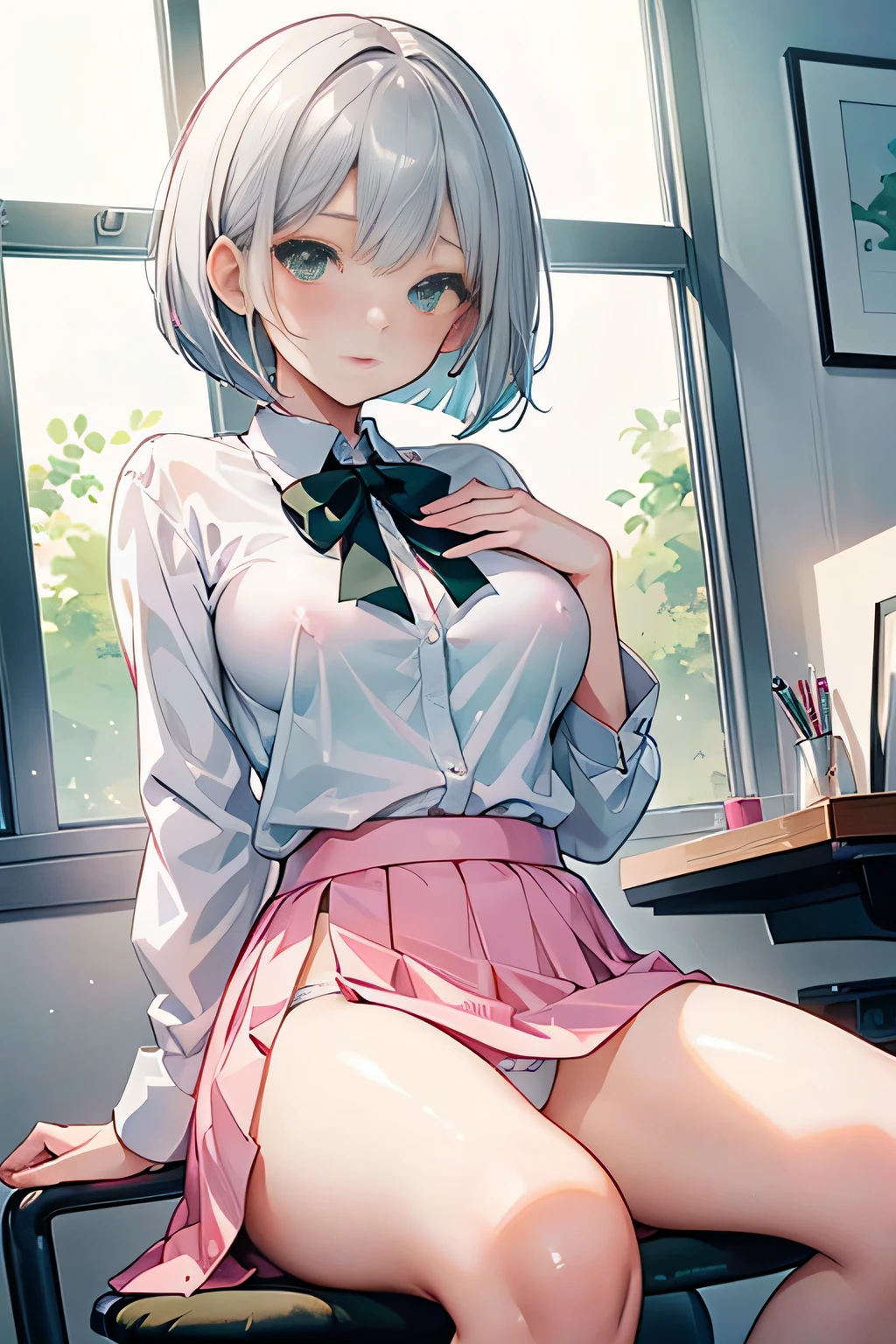 (1girl,cute,japanese,young),solo,((short beautiful silver blue hair,bob cut,beautiful green eyes)),(office suit,blouse,skirt,sitting in the office chair,desk,window),((topless, beautiful medium , pink nipples)),gleaming skin,Vulgar,low angle,from below,(nsfw),
low angle,from below,((masterpiece, highest resolution,best quality)), (beautiful illustration), (looking at the viewer), ((elegant beautiful skirt and white panties)),
