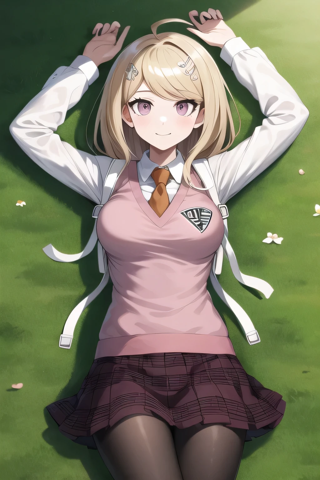 masterpiece, best quality, highres, aakaede, long hair, ahoge, hair ornament, breasts, , necktie, pink vest, sweater vest, collared shirt, long sleeves, backpack, pleated skirt, purple skirt, print skirt, pantyhose, closed mouth, solo, spread arms, arms up, smile, lying, on back, on grass, looking at viewer, solo, in the center, (cowboy shot: 1.3), high quality,