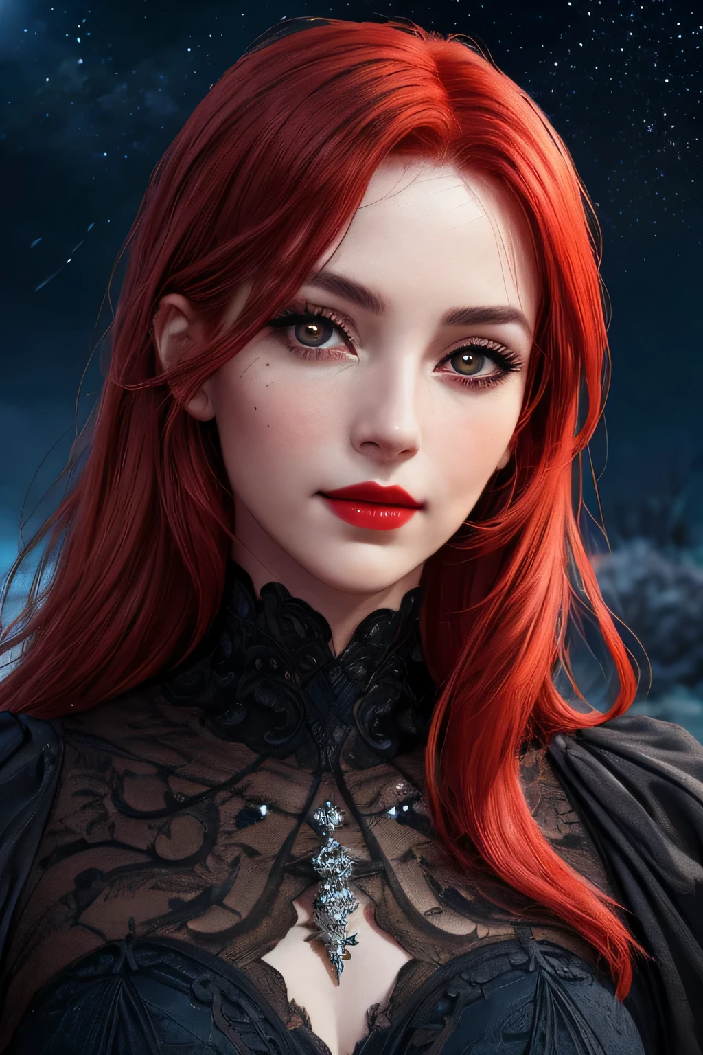 portrait shot, ((vivid red hair)), mature woman, 30 years old, diamond face, medium breast, moonlight, red starry sky background, depth of field, magic, big red lips, ((dark black eyes)) (Detailed beautiful eyes) red long and full dress, covered chest, mystical atmosphere, ominous shadows, Intense blue aura, Intense red aura (best quality:1.2), absurdres, intricate details, (highly detailed skin:1.2), smile expression, posing, taut and well defined body, attractive. Highly realistic, pale skin, beautiful, hyperrealism, skin very elaborated, direct gaze AB JLEE3, Complex facial details for all characters, Expressive eyes and nose and mouth, unzoom, author：Jim Lee Right Section Centered, Key, Visual, Complex, Highly Detailed, Breathtaking, Precise Line Art, Vibrant Panorama Film
