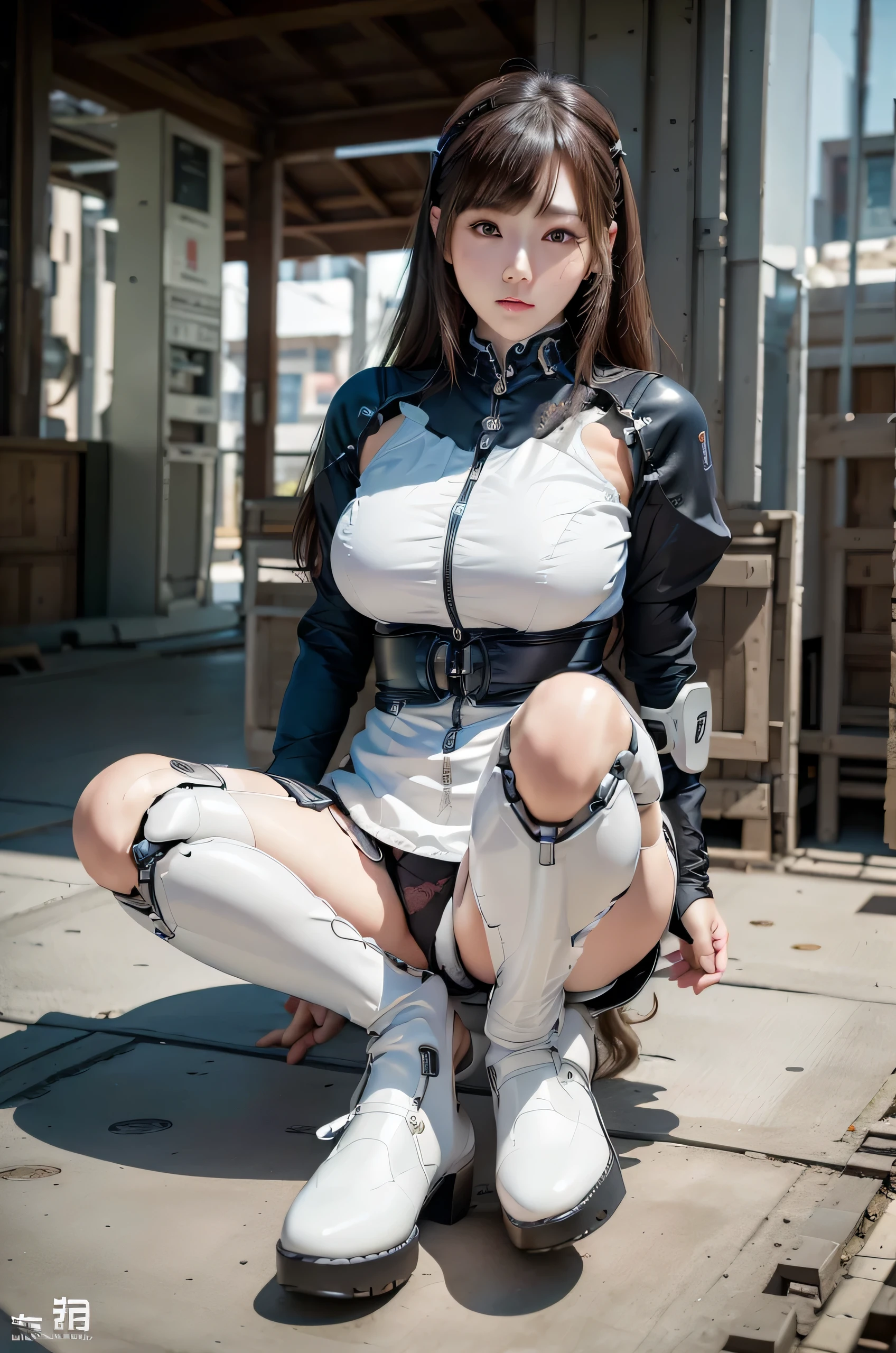 masterpiece, Best Quality, Extremely detailed, 8K portrait,Japaese android girl,Plump , control panels,Robot arms and legs, Blunt bangs,perfect robot girl,a bit chubby,white boots,white gloves,chest monitor,Charging spot,She is exhibits,exibition hall,promo girl