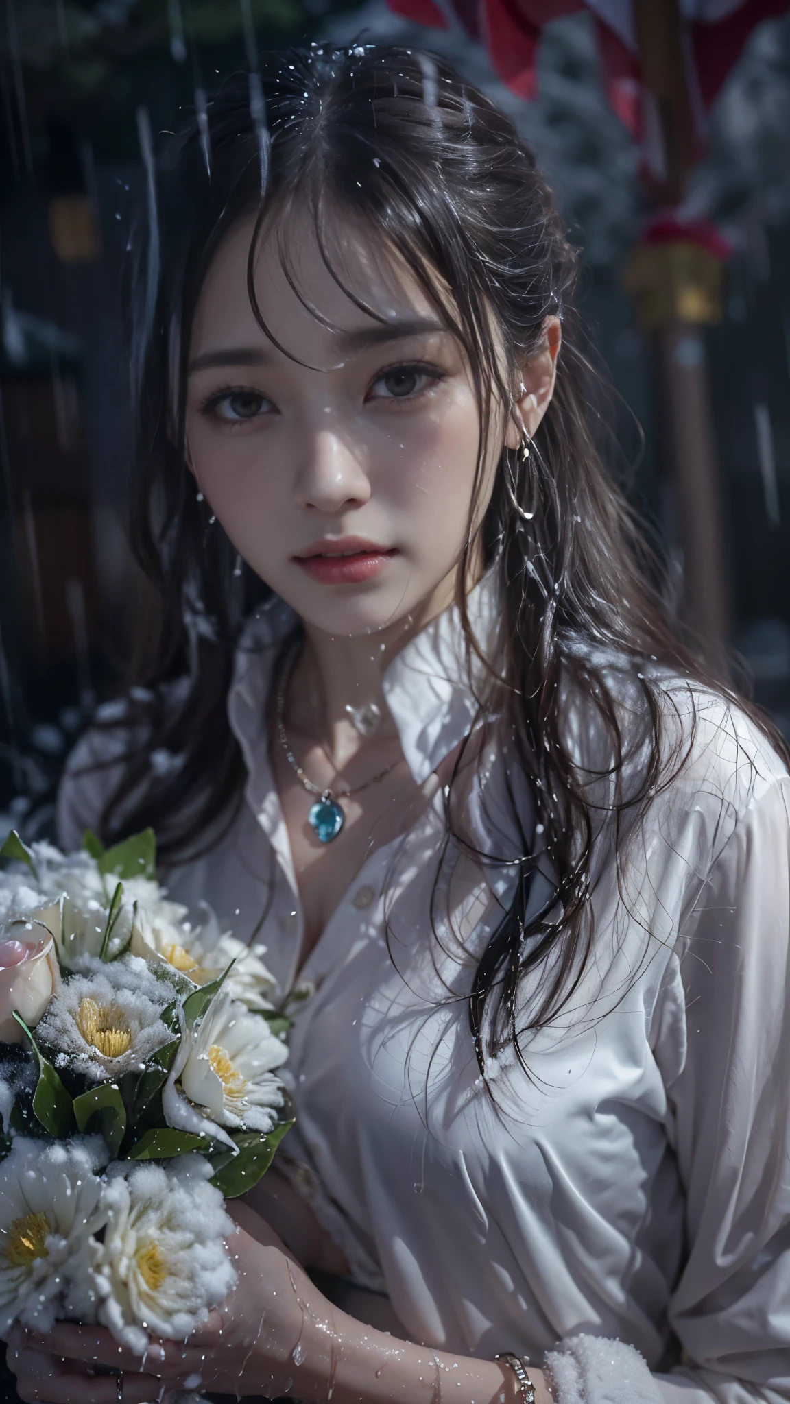 (RAW shooting, Photoreal:1.5, 8K, highest quality, masterpiece, ultra high resolution), ((((heavy snow, Blizzard)))), Highly detailed skin and facial textures:1.3, perfect dynamic composition:1.2, (In front of a church at night in a modern city, expression of sadness:1.0, Tears are flowing:1.0, cry with a broken heart:1.0), Slim office lady wet in the rain:1.3, cowboy shot, Fair skin:1.2, sexy beauty:1.1, perfect style:1.2, beautiful and aesthetic:1.1, very beautiful face:1.2, water droplets on the skin, (rain drips all over my body:1.2, wet body:1.2, wet hair:1.3), (professional dressing:1.1, Holding a bouquet of wet hazel flowers:1.2, Wet tight skirt:1.2, wet office lady uniform:1.3), (Medium chest, Bra is sheer, Chest gap),  (Eyes that feel beautiful eros:0.8, Too erotic:0.8, Bewitching:0.8), necklace, earrings, bracelet, wedding ring, Highly detailed hand and finger expressions