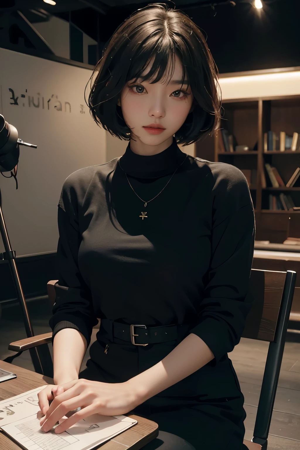 Imagine a virtual presentation unfolding in a sleek and modern studio. A Korean woman, with an intense yet inviting gaze and a beautifully styled bob haircut, sits confidently at a table with a laptop and an open stack of books. Her eyes, fixed on the unseen camera, connect deeply with the virtual audience through the high-definition, 16:9 display. The ultra-realistic image captures every subtle detail of her expression, conveying both her confidence and her undivided engagement. Her attractive, realistic features are accentuated by the meticulous attention to detail in her skin texture and delicately defined eyes. This masterpiece, with a resolution of 8K and a photorealistic depth