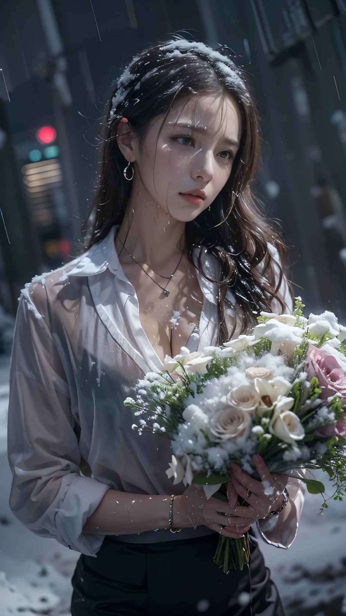 (RAW shooting, Photoreal:1.5, 8K, highest quality, masterpiece, ultra high resolution), ((((heavy snow, Blizzard)))), Highly detailed skin and facial textures:1.3, perfect dynamic composition:1.2, (In front of a church at night in a modern city, expression of sadness:1.0, Tears are flowing:1.0, cry with a broken heart:1.0), Slim office lady wet in the rain:1.3, cowboy shot, Fair skin:1.2, sexy beauty:1.1, perfect style:1.2, beautiful and aesthetic:1.1, very beautiful face:1.2, water droplets on the skin, (rain drips all over my body:1.2, wet body:1.2, wet hair:1.3), (professional dressing:1.1, Holding a bouquet of wet hazel flowers:1.2, Wet tight skirt:1.2, wet office lady uniform:1.3), (Medium chest, Bra is sheer, Chest gap), (Eyes that feel beautiful eros:0.8, Too erotic:0.8, Bewitching:0.8), necklace, earrings, bracelet, wedding ring, Highly detailed hand and finger expressions