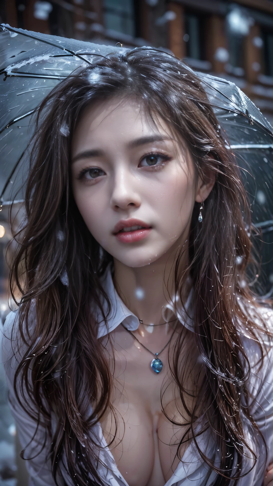 (RAW shooting, Photoreal:1.5, 8K, highest quality, masterpiece, ultra high resolution), ((((heavy snow, Blizzard)))), Highly detailed skin and facial textures:1.3, perfect dynamic composition:1.2, (In front of a church at night in a modern city, expression of sadness:1.0, Tears are flowing:1.0, cry with a broken heart:1.0), Slim office lady wet in the rain:1.3, cowboy shot, Fair skin:1.2, sexy beauty:1.1, perfect style:1.2, beautiful and aesthetic:1.1, very beautiful face:1.2, water droplets on the skin, (rain drips all over my body:1.2, wet body:1.2, wet hair:1.3), (professional dressing:1.1, Holding a bouquet of wet hazel flowers:1.2, Wet tight skirt:1.2, wet office lady uniform:1.3), (Medium chest, bra is see-through, Chest gap),  (Eyes that feel beautiful eros:0.8, Too erotic:0.8, Bewitching:0.8), necklace, earrings, bracelet, wedding ring, Highly detailed hand and finger expressions