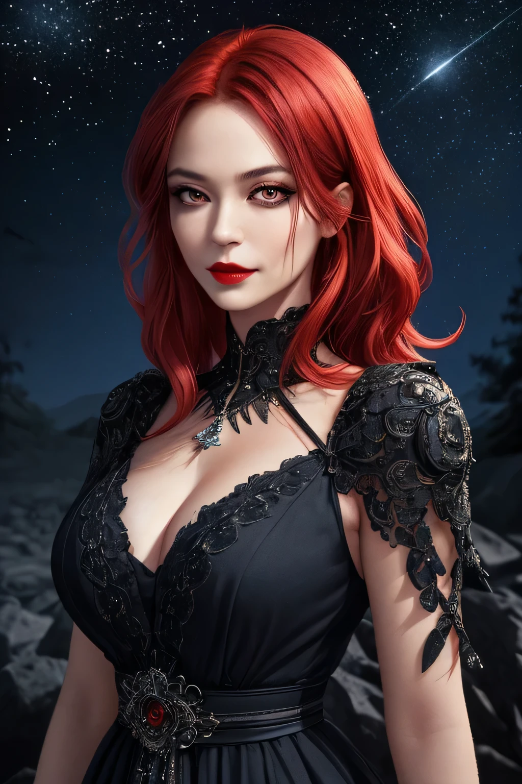 portrait shot, ((vivid red hair)), mature woman, 30 years old, diamond face, medium breast, moonlight, red starry sky background, depth of field, magic, big red lips, ((dark black eyes)) (Detailed beautiful eyes) red long and full dress, covered chest, mystical atmosphere, ominous shadows, Intense blue aura, Intense red aura (best quality:1.2), absurdres, intricate details, (highly detailed skin:1.2), smile expression, posing, taut and well defined body, attractive. Highly realistic, pale skin, beautiful, hyperrealism, skin very elaborated, direct gaze AB JLEE3, Complex facial details for all characters, Expressive eyes and nose and mouth, unzoom, author:Jim Lee Right Section Centered, Key, Visual, Complex, Highly Detailed, Breathtaking, Precise Line Art, Vibrant Panorama Film