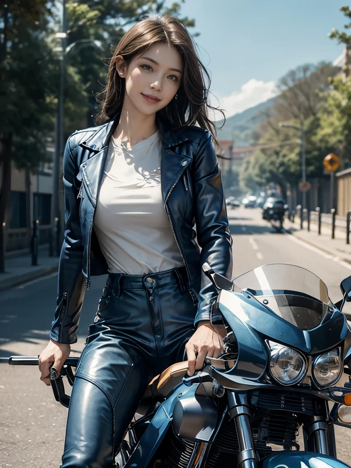 (actual:1.5), 8K, Ultra HD beauty, 1 female, 30 years old, (A sunny day:1.5), Intricate body details, (best quality: 1.0), (ultra high definition: 1.0),（Beautiful and delicate depiction of eyes）,((((riding a motorcycle)))),Unreal Engine:1.4,photoactual:1.4, Texture:1.4, masterpiece:1.8,best quality at best,full-body shot、slender figure、(((Blue leather cycling jacket and trousers)))、long limbs、Smile