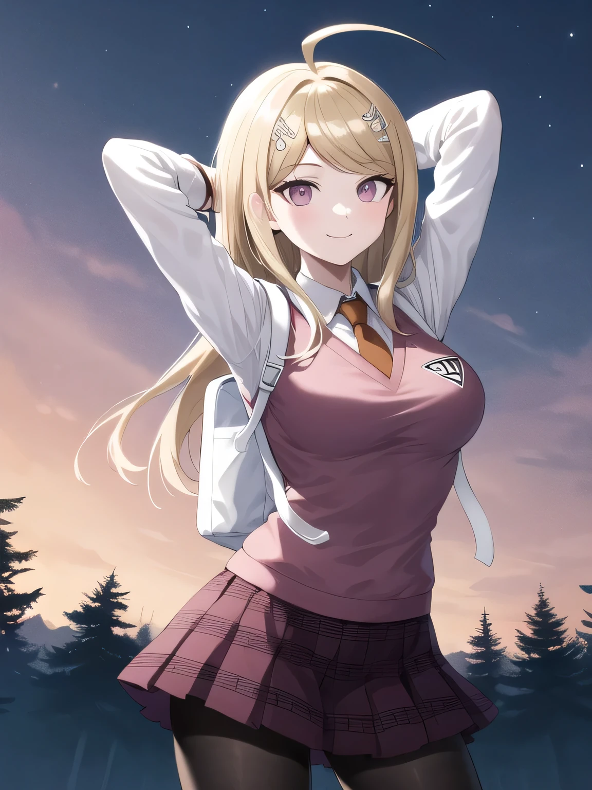 masterpiece, best quality, highres, aakaede, long hair, ahoge, hair ornament, breasts, , necktie, pink vest, sweater vest, collared shirt, long sleeves, backpack, pleated skirt, purple skirt, print skirt, pantyhose, closed mouth, solo, upper body, night sky, forest, arms behind head, contrapposto, spread armpits, smile, high quality, in the center, high quality,