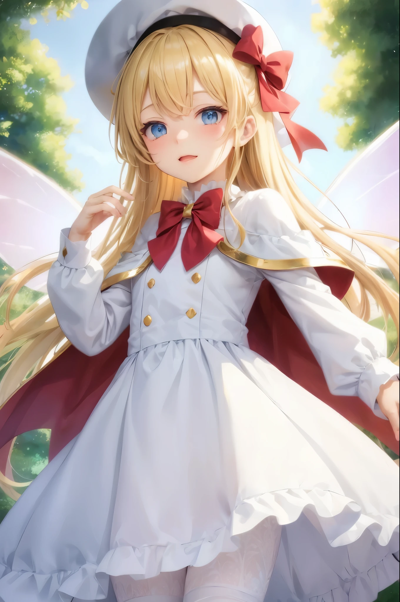 Touhou 1 girl, Lily White, fairy, pink fairy wings, golden hair, blue eyes, {{{white triangle hat and white dress}}}, ribbon on hat, cherry blossom background, crystals texture, metal texture, golden texture, HQ, wallpaper, official art, 4k8k, masterpiece, best quality, ultra detailed, hyper extreme detailed, an extreme delicate and beautiful, illustration, painted by professional illustratior