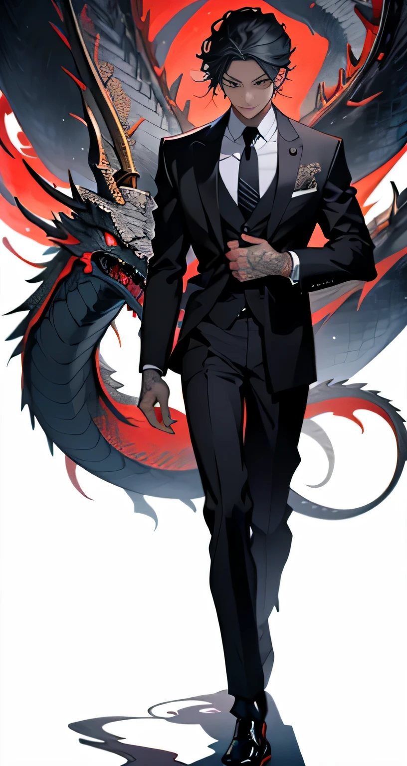 Anime man in a suit and tie with a dragon in the background:
An exquisite portrait by Yang J, where a handsome Japanese demon boy elegantly dons a suit and tie, merged with a dragon-inspired attire in the background. This masterpiece showcases the human and dragon fusion in a way that is both epic and classy. The trendsetting artwork, titled "Handsome guy in demon slayer art," captivates art enthusiasts on ArtStation with its highly detailed, exquisite fanart depiction. The dragon emanates a crimson aura, and the man wears a stunning black and red suit that enhances the intricacy of the dragon design. The fusion