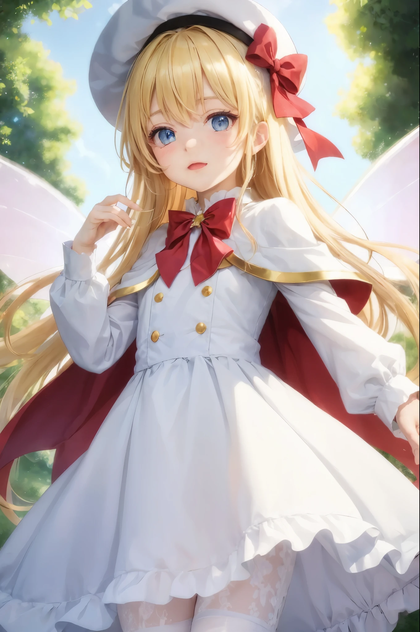 Touhou 1 girl, Lily White, fairy, pink fairy wings, golden hair, blue eyes, {{{white triangle hat and white dress}}}, ribbon on hat, cherry blossom background, crystals texture, metal texture, golden texture, HQ, wallpaper, official art, 4k8k, masterpiece, best quality, ultra detailed, hyper extreme detailed, an extreme delicate and beautiful, illustration, painted by professional illustratior