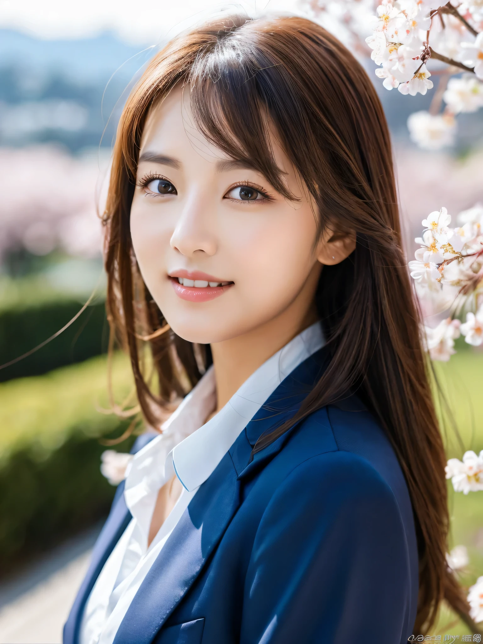 table top、highest quality、genuine、Super detailed、finely、High resolution、8k wallpaper、one beautiful woman、、、light brown disheveled hair、wearing a business suit、sharp focus、perfect dynamic composition、beautiful and detailed eyes、thin hair、Detailed genuine skin texture、smile、close-up portrait、model body shape、On a hill with falling cherry blossoms