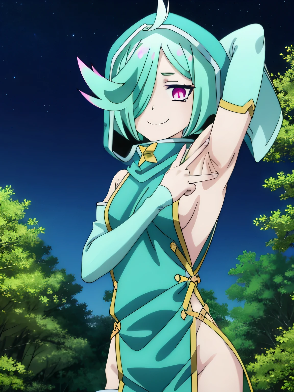 high quality, nemo anemo, short hair, green hair, (pink eyes:1.3), (hair over one eye:1.5), aqua hair, ahoge, thighhighs, detached sleeves, hood, eyes, sideboob, sideless outfit, closed mouth, solo, upper body, night sky, forest, arms behind head, contrapposto, spread armpits, smile