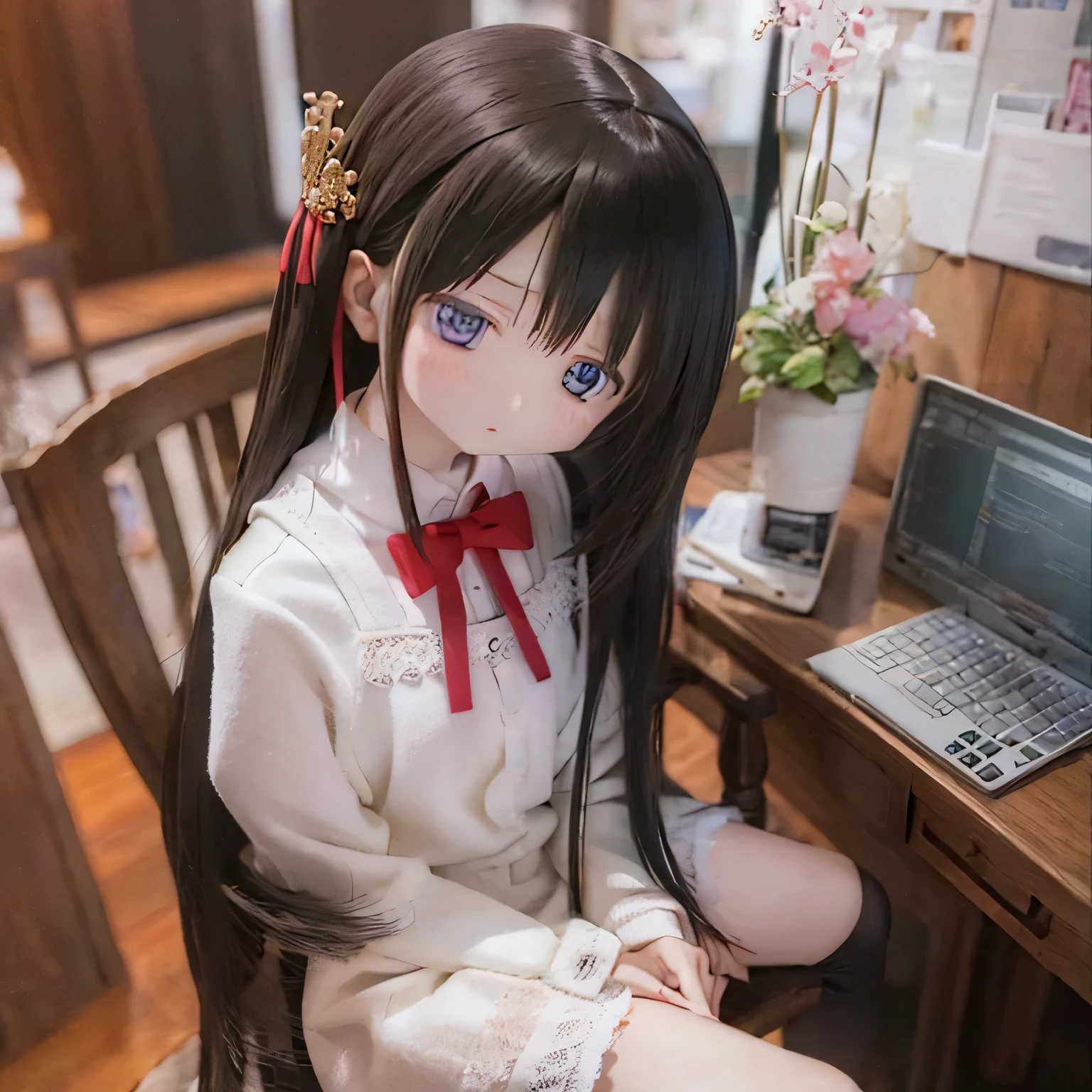 (best quality,photorealistic:1.37),vivid colors,ultra-detailed,physically-based rendering,"tabletop","expressive eyes","perfect face","closed lips","small chest","barefoot","Akemi Homura standing","black hair","sitting on a chair","black-framed glasses","underwear"