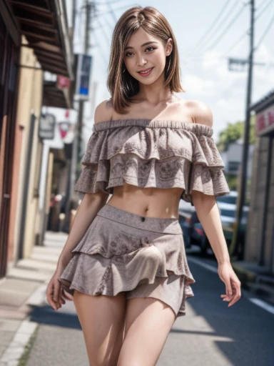 (8K, RAW photo, professional, best quality, masterpiece:1.2), (realistic, photo-realistic:1.37), ultra detail,(best detail skin:1.2), (best detail face:1.2), cinematic lighting,  a japanese transsexual woman in the back street of Japan, from below, (1 woman), ((transsexual, cloth bulge, bulgeJ8)), ((she has a huge cock, she has a visible boner, erection under clothes)), she is wearing ((tiered mini skirt)) and ((off-shoulder crop top)), hot summer day, sun is shining, middle of the day, looking at viewer, she has very flirty smile looking at you, she is extremely sexy and beautiful, ((extremely beautiful)), her body has beautiful curves, ((perfect waist line)), she is slender, she is slim body, (beautiful legs), (nice round booty), (fine textured skin:1.2), (intricate details: 1.6), 