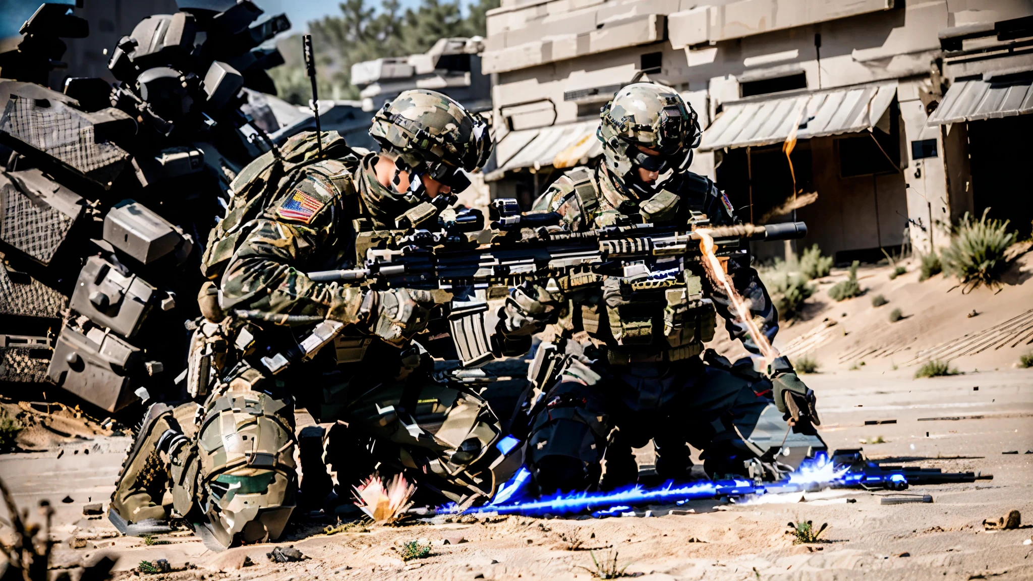 2boys, 1mecha, male focus, us soldiers, CALIBARN mecha in the background, combat boots, (aiming and firing a weapon, assault rifle), rifle shell casings, war zone, muzzle flash, 