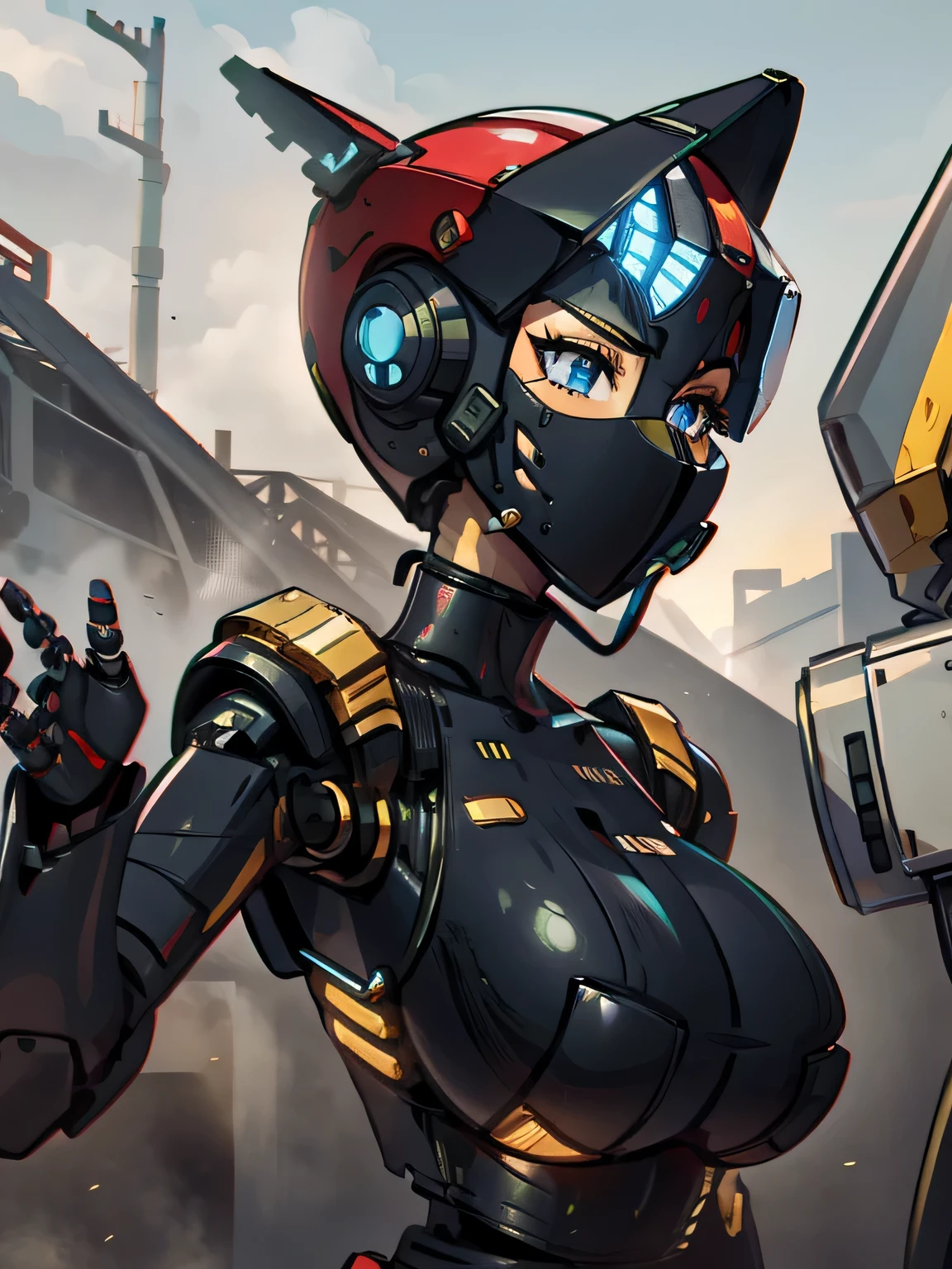 robot girl, humanoid robot, robot joints, full face mask, huge huge breasts