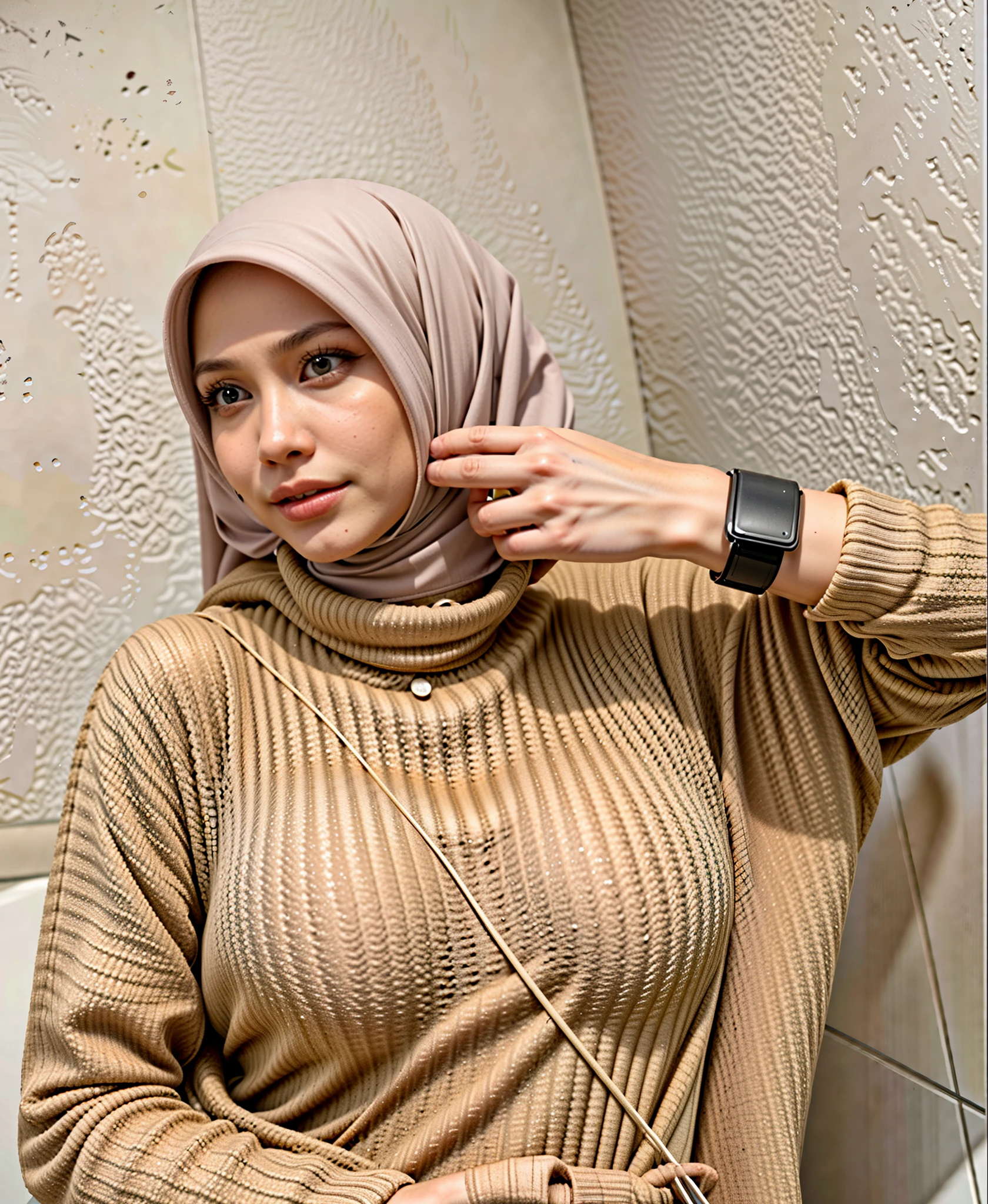 masterpiece, (ultra-high-definition portrait, vignet:1.4), Realistic, extremely detailed, CG unified, 8k, Clean lines, highly detailed, High-definition, raw color photos, Realistic portrait, Cinematic Light, Beautiful detailed, (1hijabgirl, indonesian:1.5), (165cm tall, big breasts with lips like she wants to kiss:1.5), Beautiful big breasts, breasts details, very tight, (Biggorgeous breast, Glance side eye:1.5), (Soft smile with calm gaze, Big Breast:1.4), Close up of a girl in Beautiful clothes with errected nipple, biggorgeous breast, Soft smile, scarf, (Bombastic Side Eyes with curvaceous body:2), pose 4 of 1 6, Undress, No bra, (nipples that are clearly sticking out detail:1.2), Outdoors, high intricate detailed.