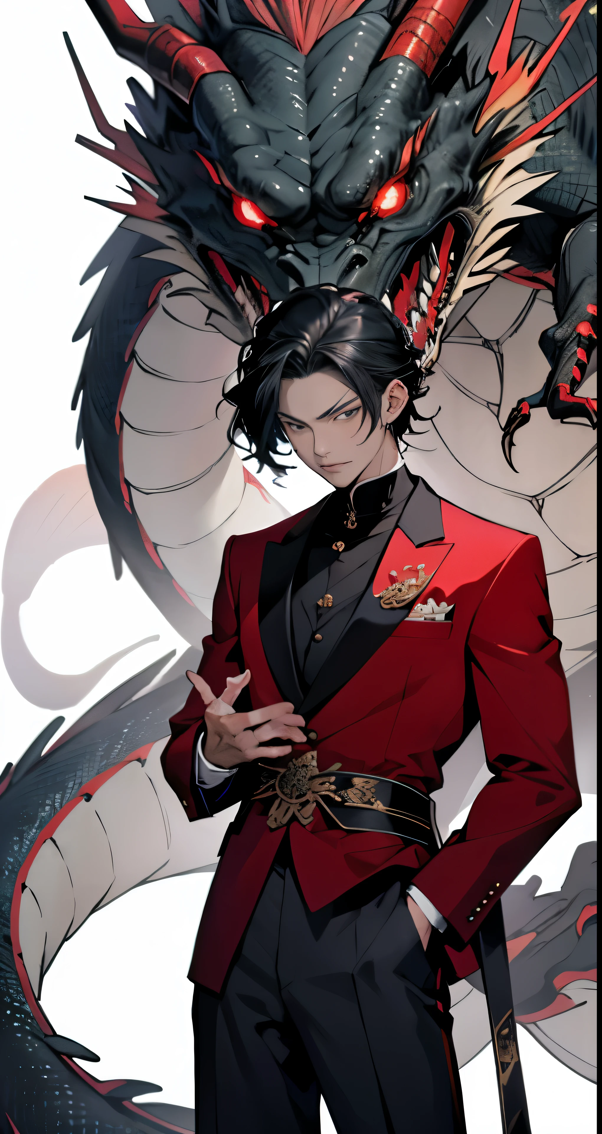 Anime man in a suit and tie with a dragon in the background:
An exquisite portrait by Yang J, where a handsome Japanese demon boy elegantly dons a suit and tie, merged with a dragon-inspired attire in the background. This masterpiece showcases the human and dragon fusion in a way that is both epic and classy. The trendsetting artwork, titled "Handsome guy in demon slayer art," captivates art enthusiasts on ArtStation with its highly detailed, exquisite fanart depiction. The dragon emanates a crimson aura, and the man wears a stunning black and red suit that enhances the intricacy of the dragon design. The fusion